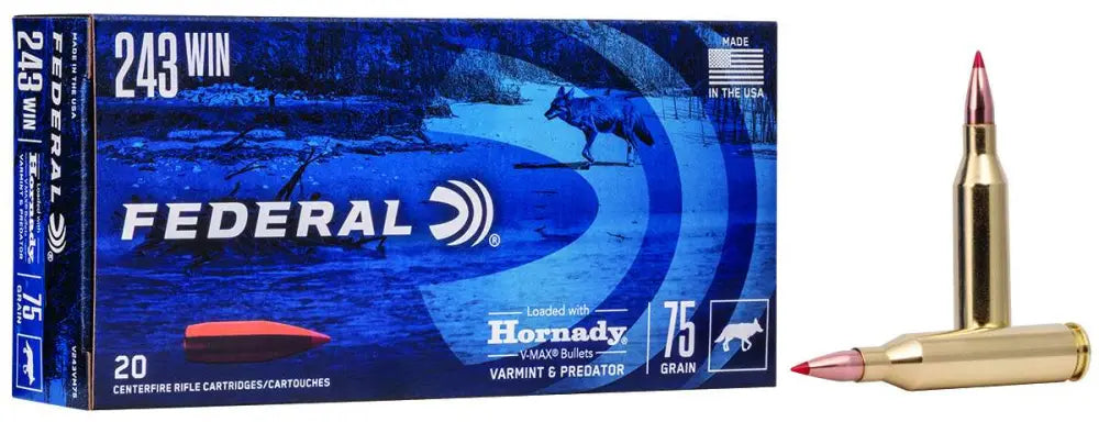 Federal .243 Winchester 75 Grain Hornady V-Max Varmint & Predator Ammunition - 20 Rounds per Box