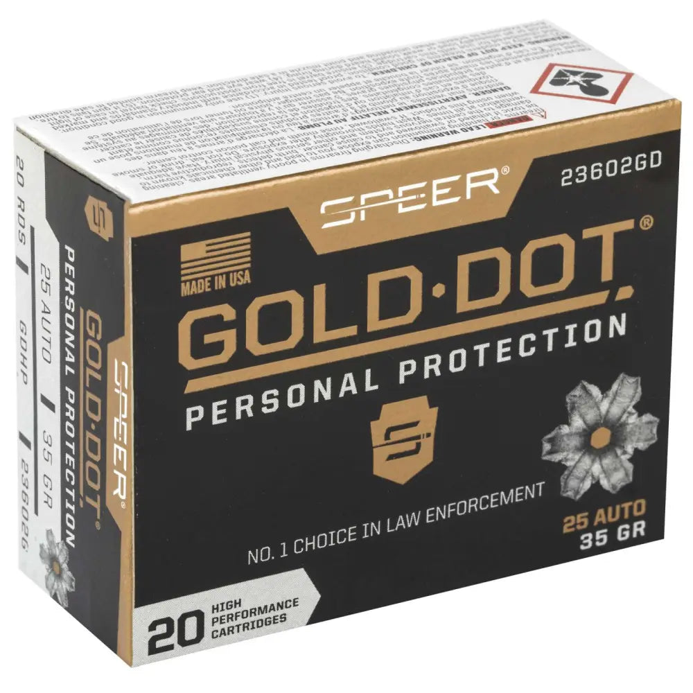 Speer Gold Dot .25 Auto 35 Grain Hollow Point Ammo – 20 Rounds per Box, 10 Boxes per Case for Personal Protection
