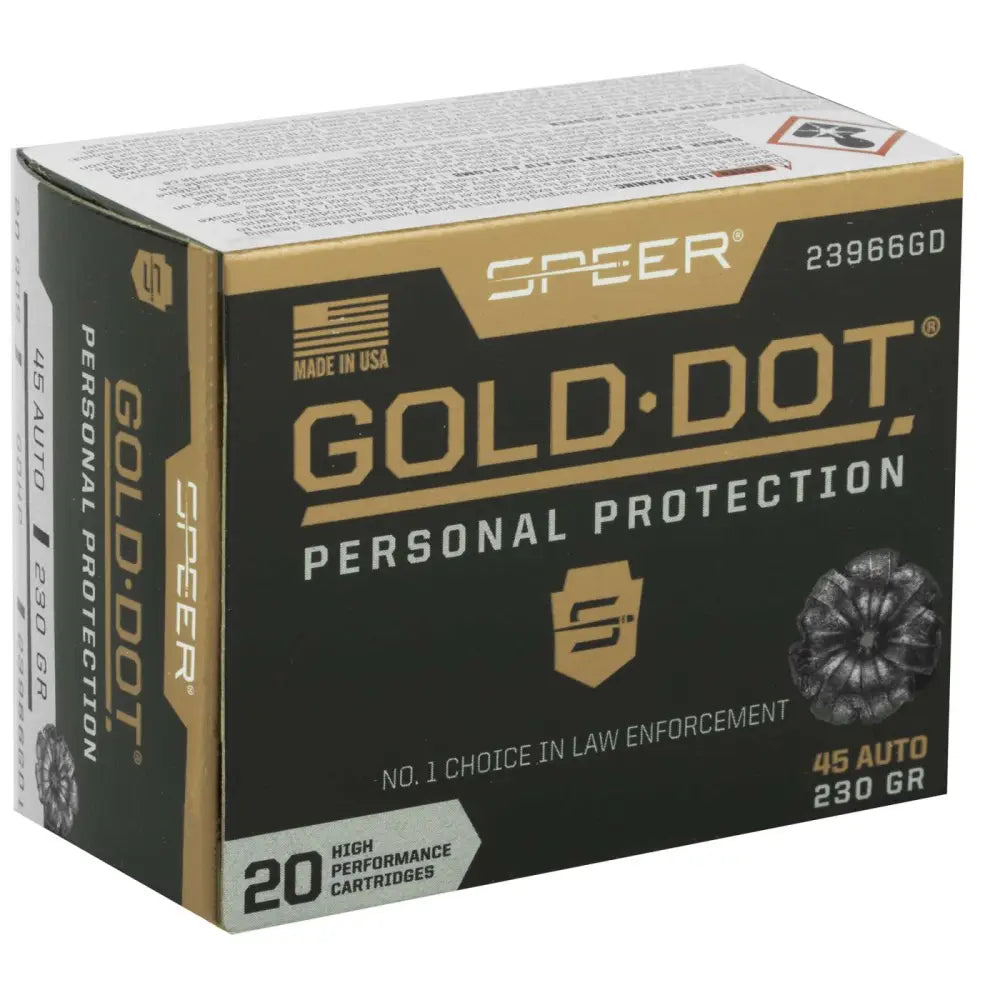 Speer Gold Dot 45 Auto 230 Grain Hollow Point Ammo – Personal Protection Series, 20 Rounds per Box