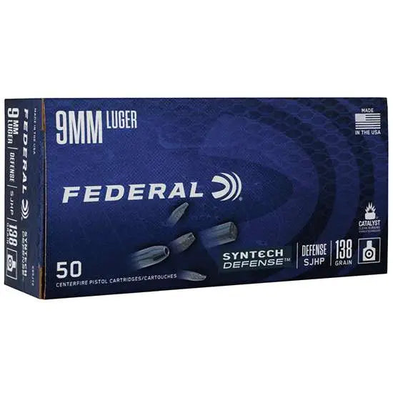 Federal 9mm Luger 138 Grain Syntech Defense Hollow Point Ammunition, 50 Rounds