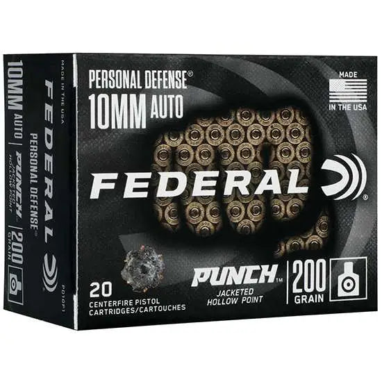 Federal 10mm Auto 200 Grain Jacketed Hollow Point Ammunition - Personal Defense Punch Series, 20 Rounds per Box