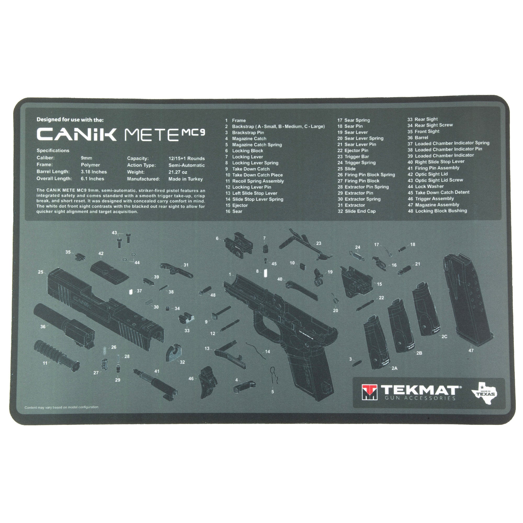 TekMat Canik MC9 Gun Cleaning Mat - 17 Inch Disassembly and Maintenance Pad