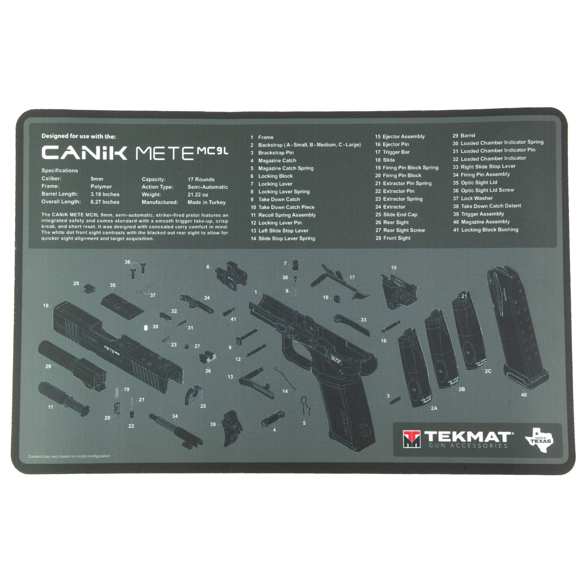 TekMat Canik MC9L Gun Cleaning Mat – 17-inch Oil and Water-Resistant Work Surface with Disassembly Diagrams
