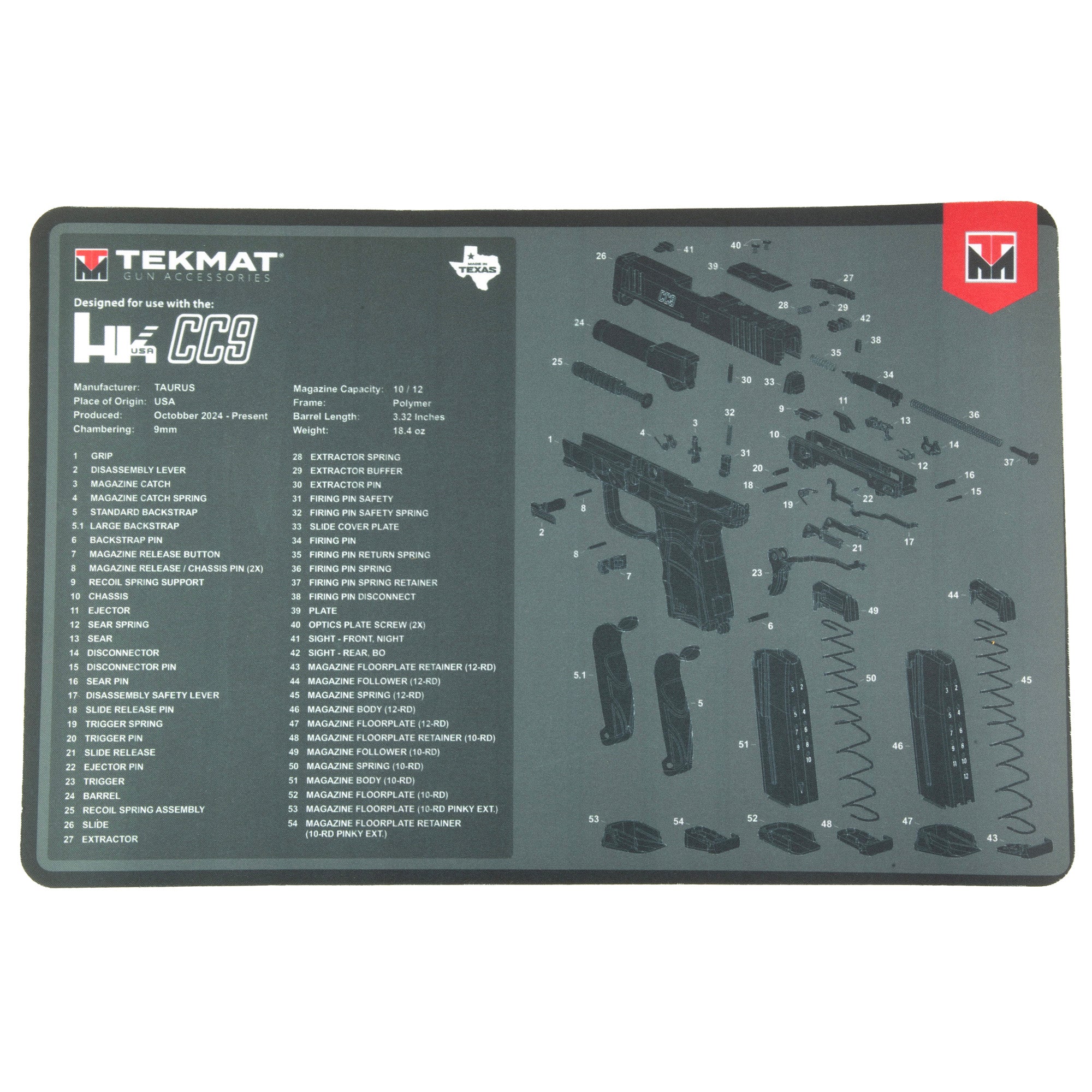 TekMat HK CC9 Gun Cleaning Mat - 17 Inch Premium Disassembly and Maintenance Surface