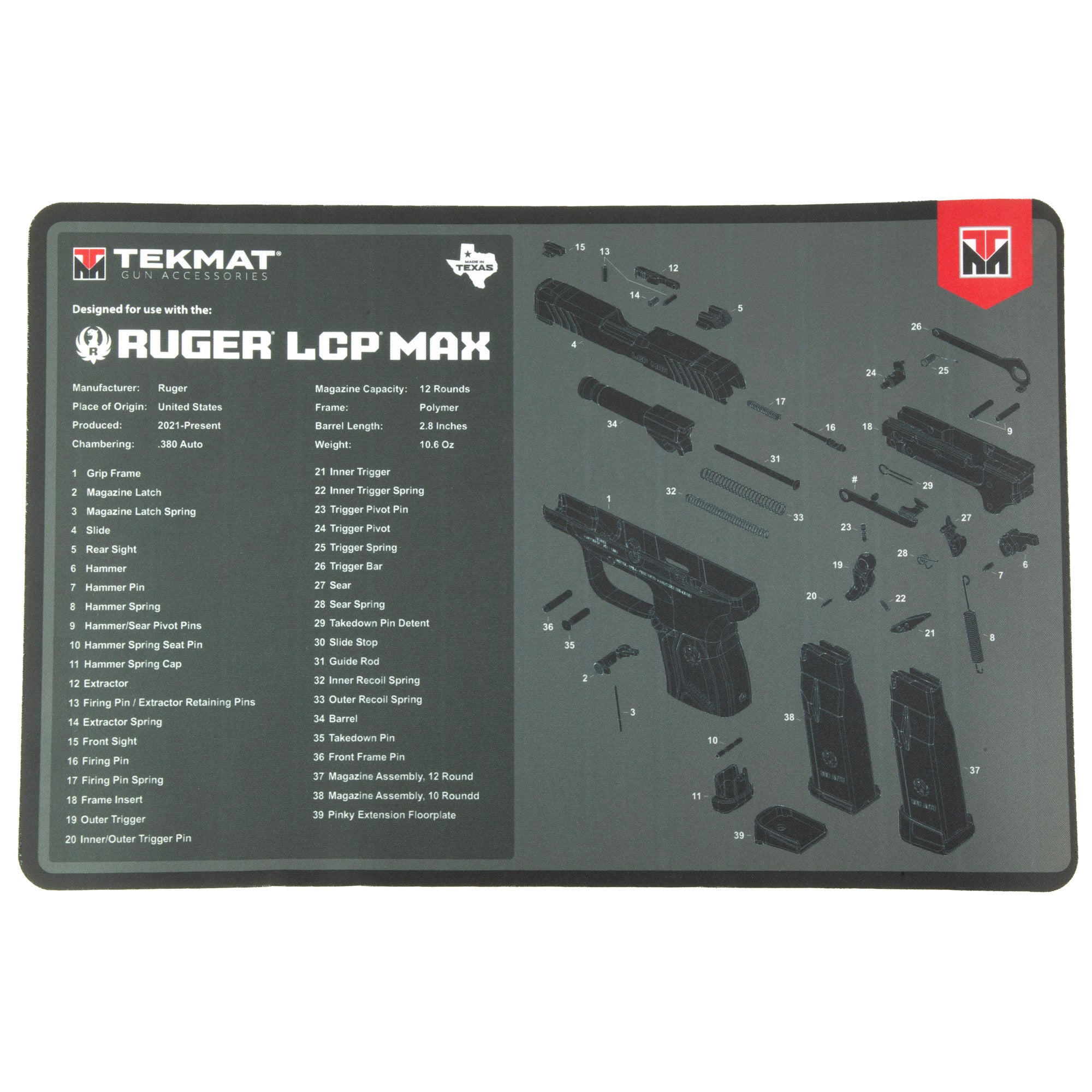 TekMat Ruger LCP Max Cleaning Mat - Durable 17-inch Gun Maintenance Work Surface