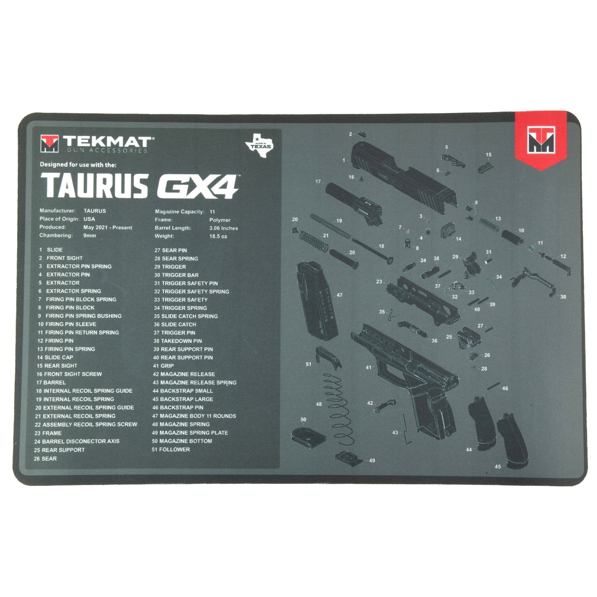 TekMat Taurus GX4 Cleaning Mat - 17-inch Gun Maintenance Mat with Protective Padding and Diagrams