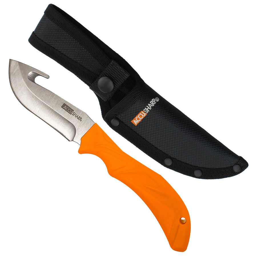 AccuSharp Gut Hook Knife with Orange Handle - Reliable Fixed Blade for Field Dressing