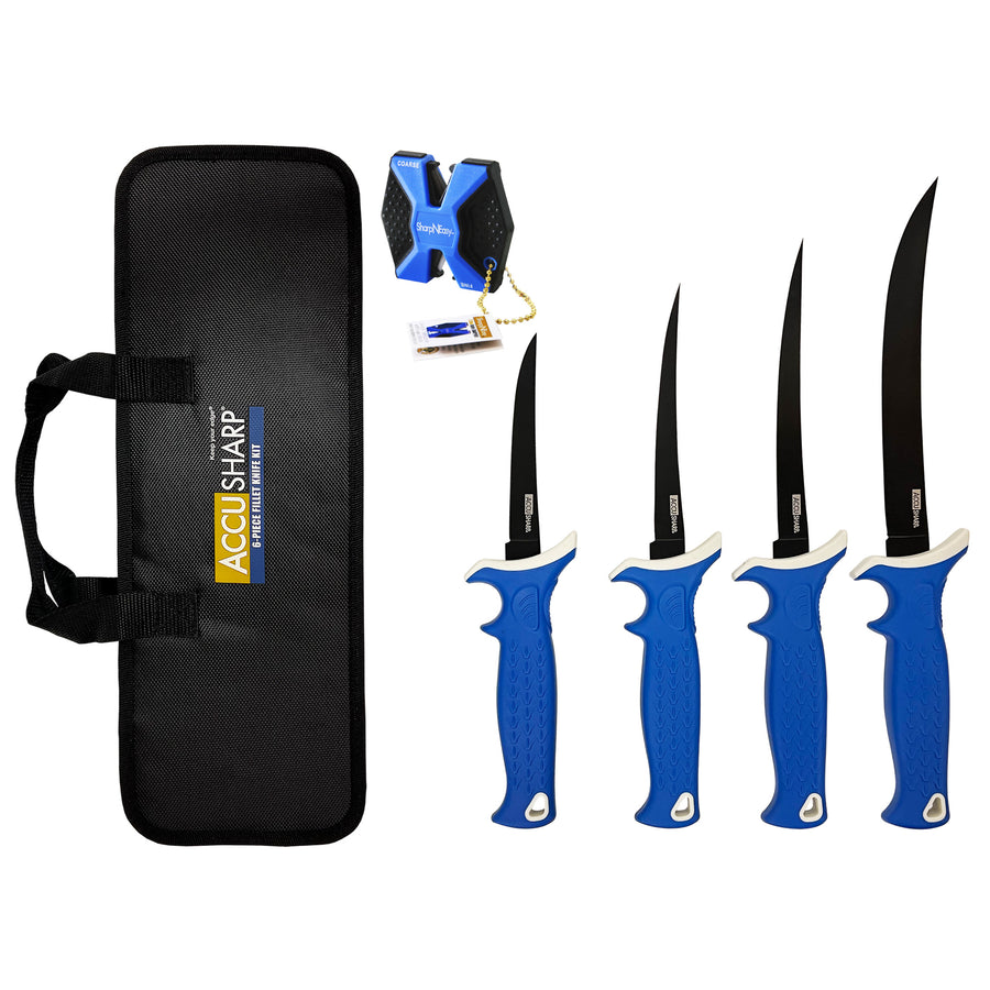 AccuSharp Fillet Knife 6-Piece Set with Sharpening System - Titanium-Coated Stainless Steel Blades and Non-Slip Handles