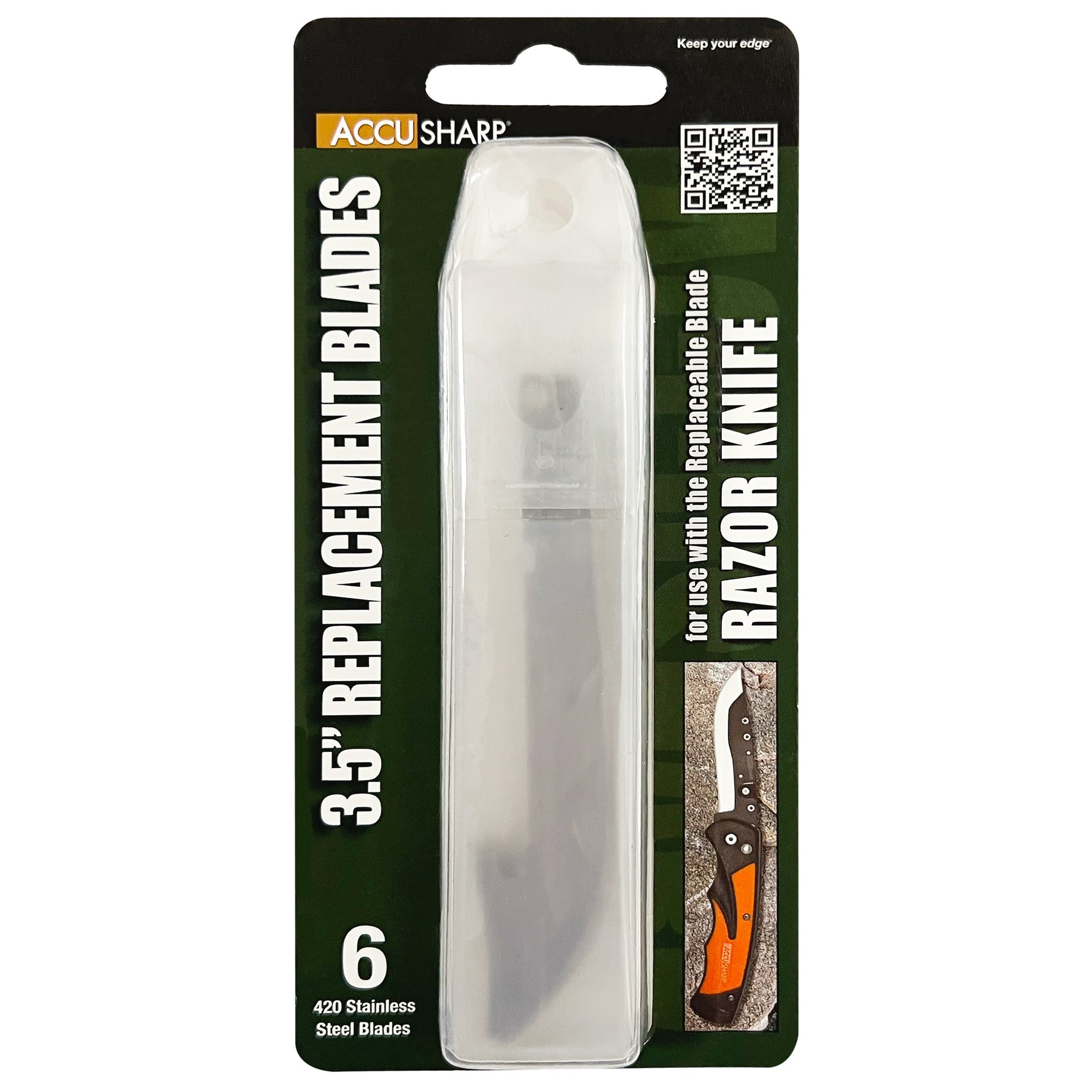 AccuSharp Razor Knife Replacement Blades – 3.5 Inch, 6-Pack, Steel, Plain Edge