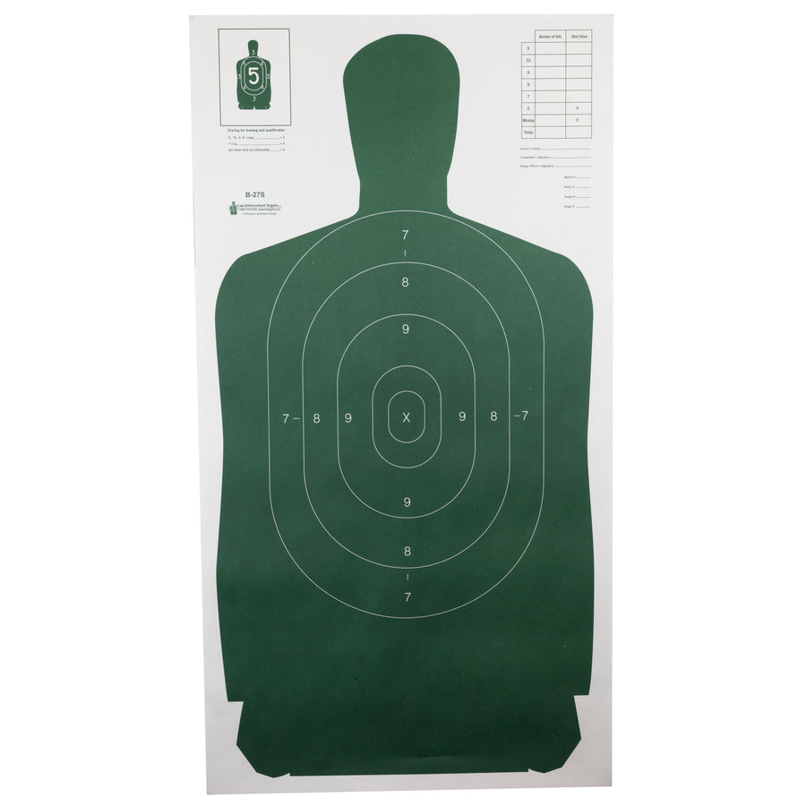 Action Target B-27S Green Standard Target - Pack of 100 for Shooting & Training