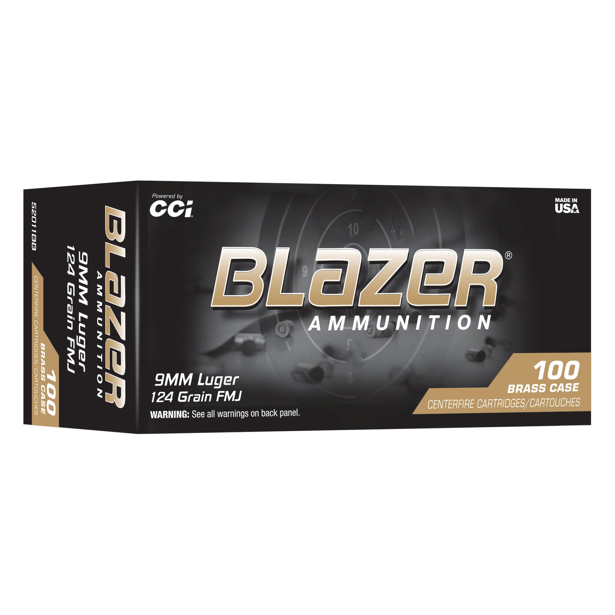 CCI Ammunition Blazer 52011BB 9mm 124-Grain Full Metal Jacket Handgun Ammo - 100 Rounds
