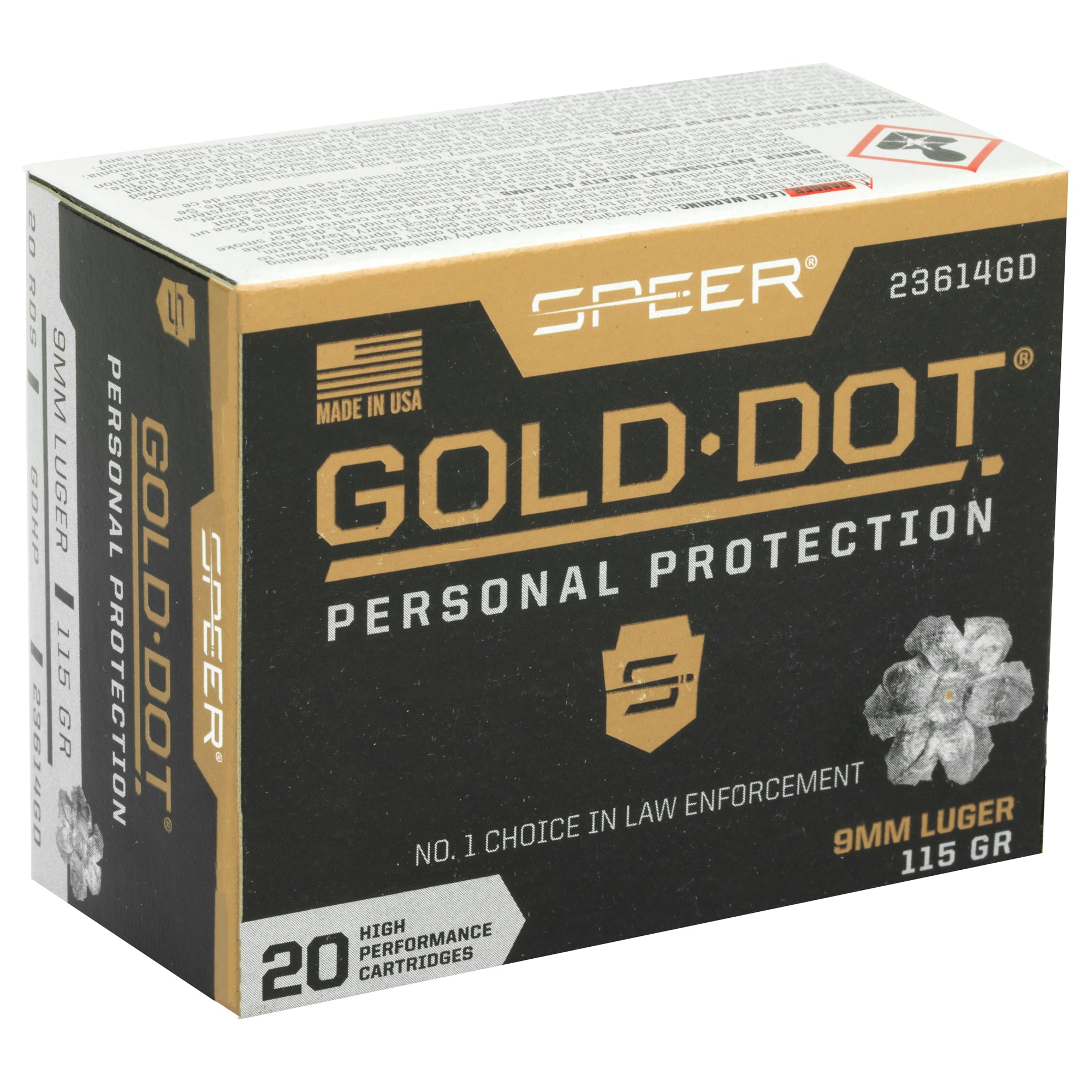 Speer Ammunition Gold Dot 9mm 115 Grain Hollow Point Ammo - 20 Rounds per Box, 200 per Case