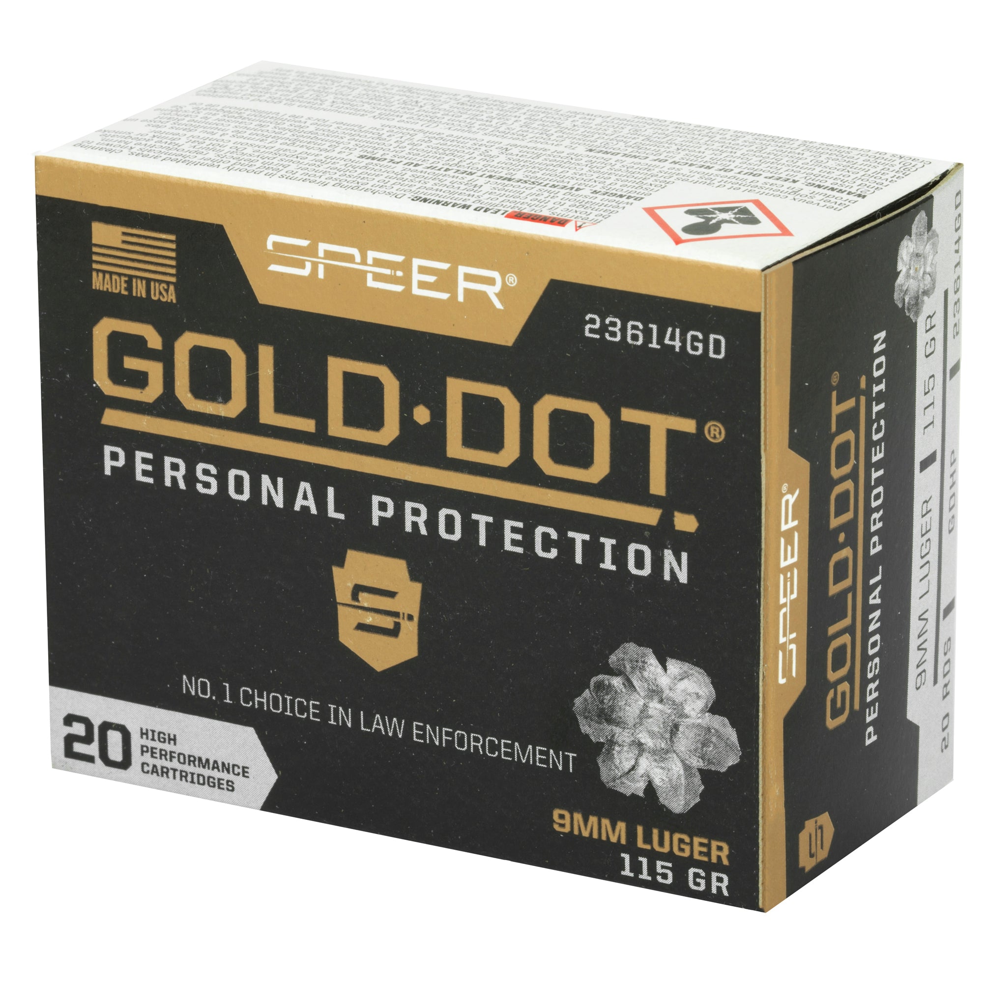 Speer Ammunition Gold Dot 9mm 115 Grain Hollow Point Ammo - 20 Rounds per Box, 200 per Case