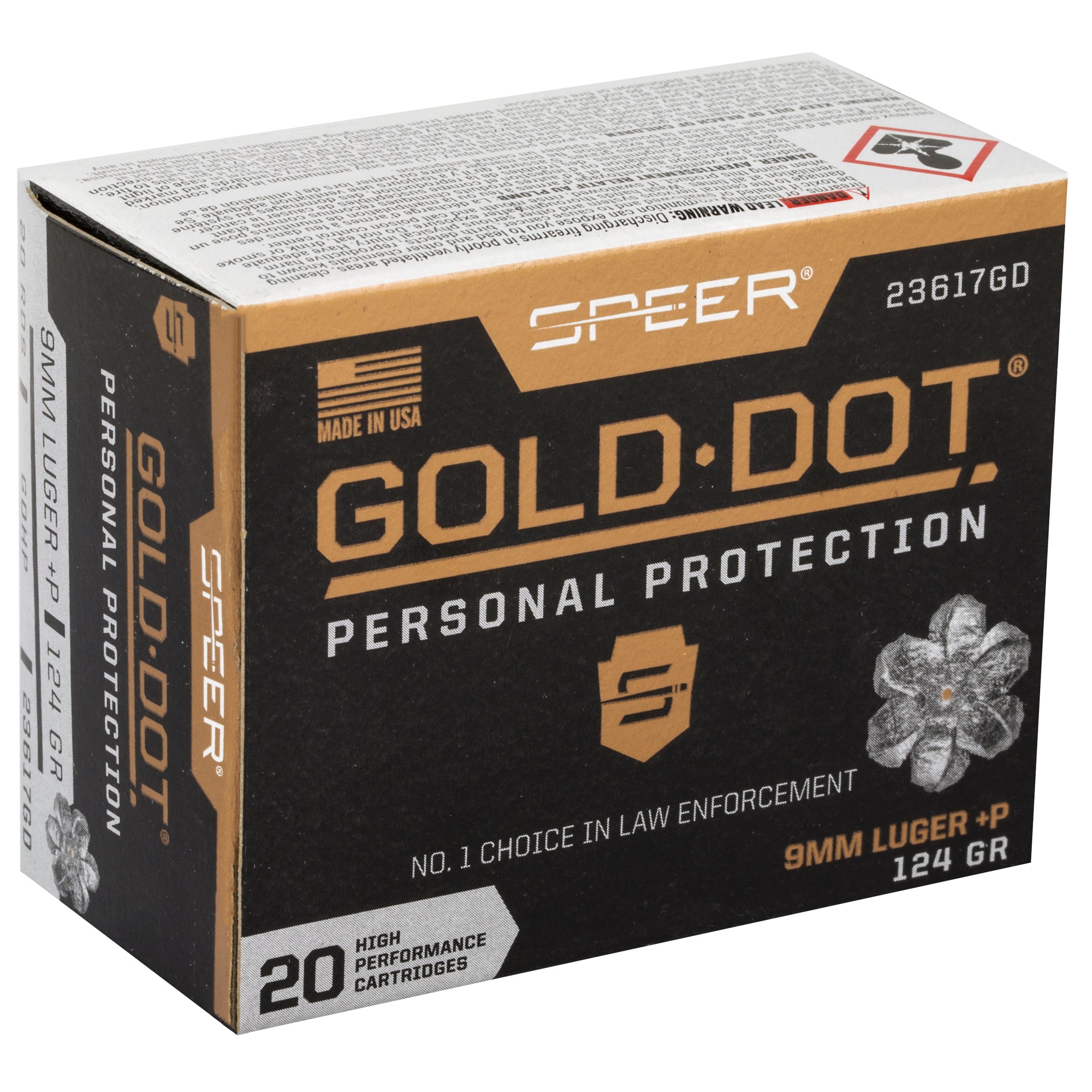 Speer Gold Dot 9mm +P 124 Grain Hollow Point Ammunition (20 Rounds Per Box)