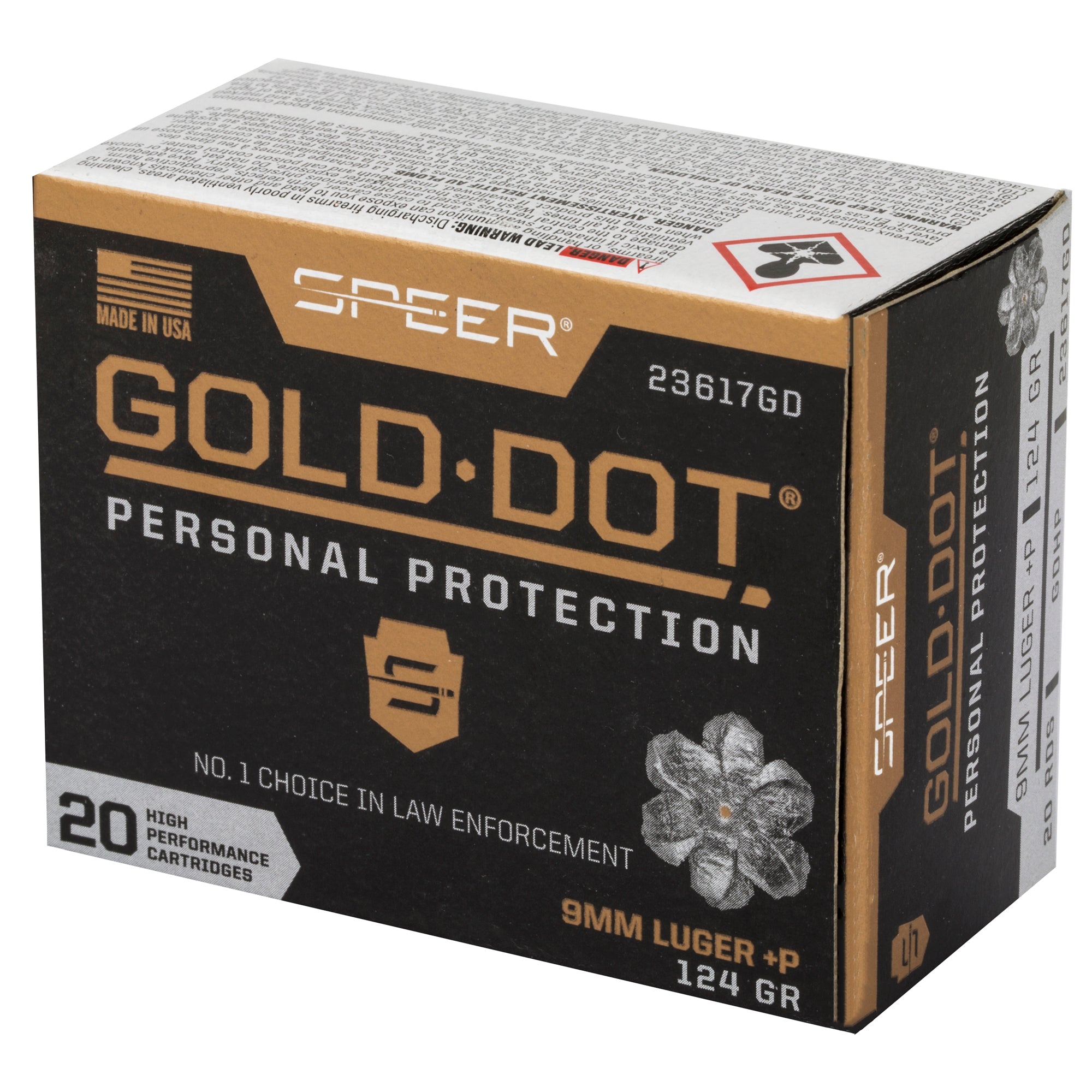 Speer Gold Dot 9mm +P 124 Grain Hollow Point Ammunition (20 Rounds Per Box)