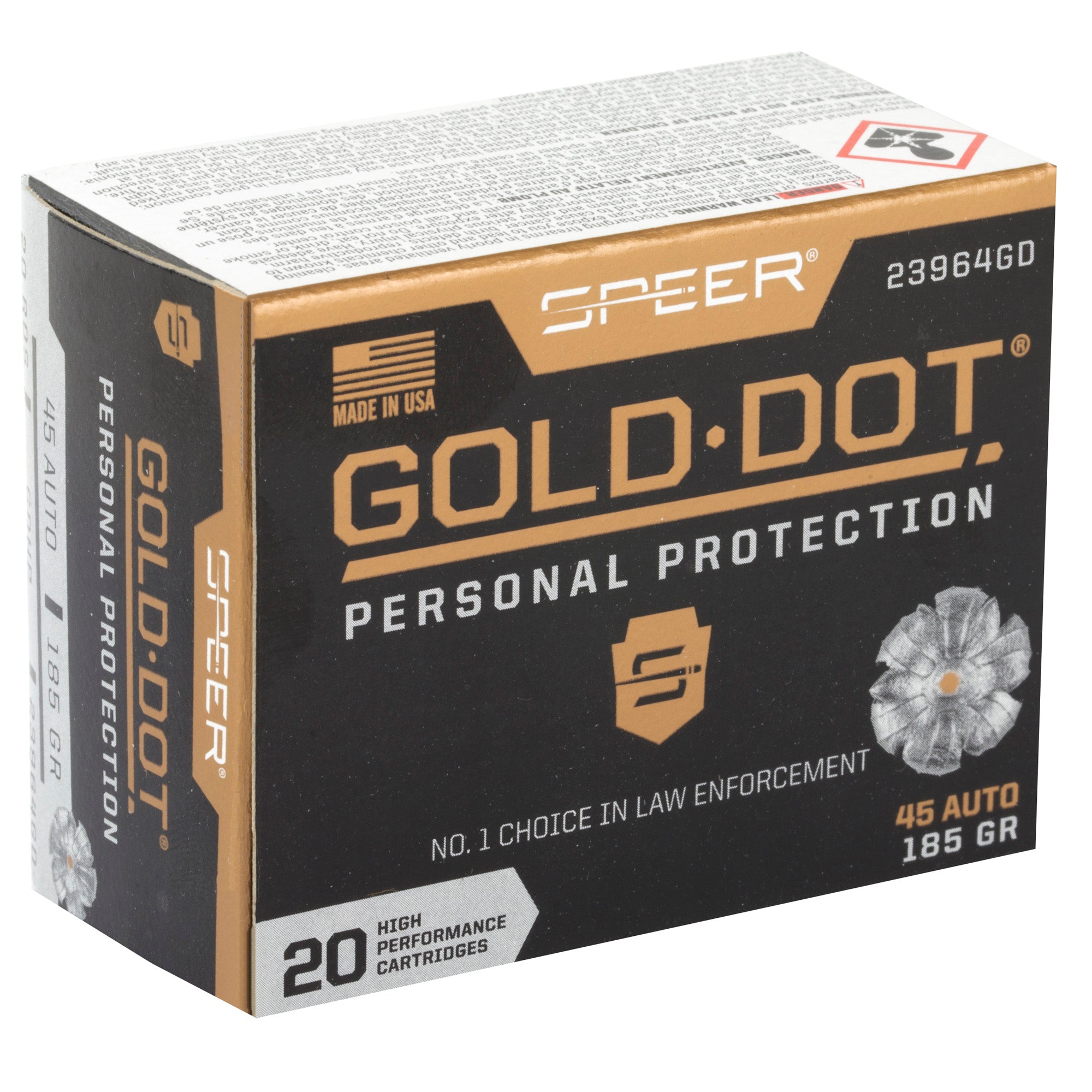 Speer Gold Dot 45 ACP 185-Grain Hollow Point Ammunition - Reliable Self-Defense and Law Enforcement Load