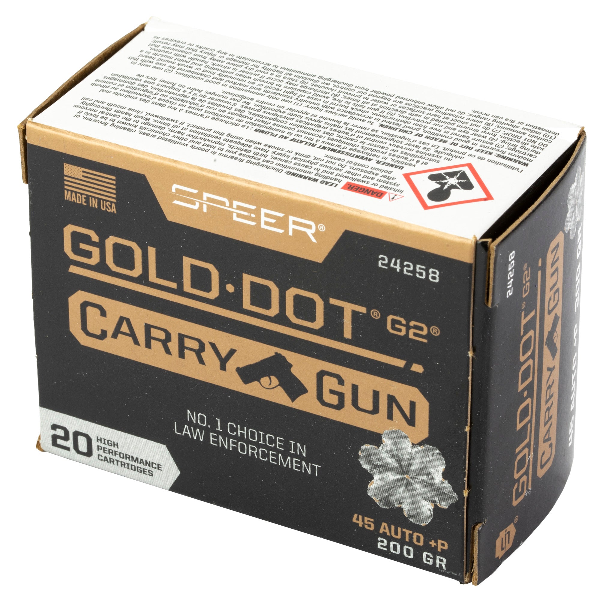 Speer Gold Dot 45 ACP +P 200 Grain Hollow Point Ammunition - Reliable Duty and Self-Defense Round