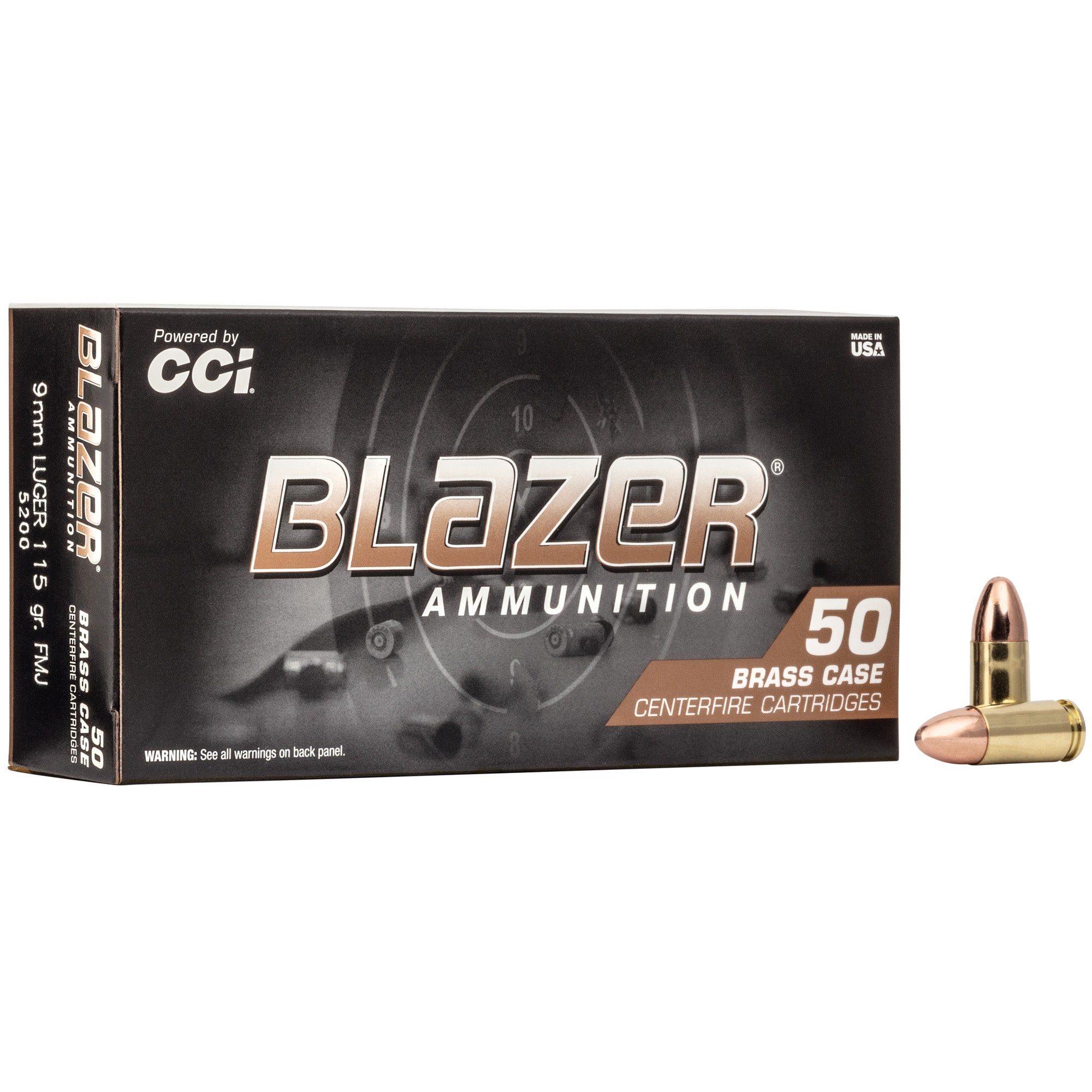 Blazer Brass 9mm Luger 115-Grain FMJ Ammunition - 50 Rounds per Box, 1000 per Case