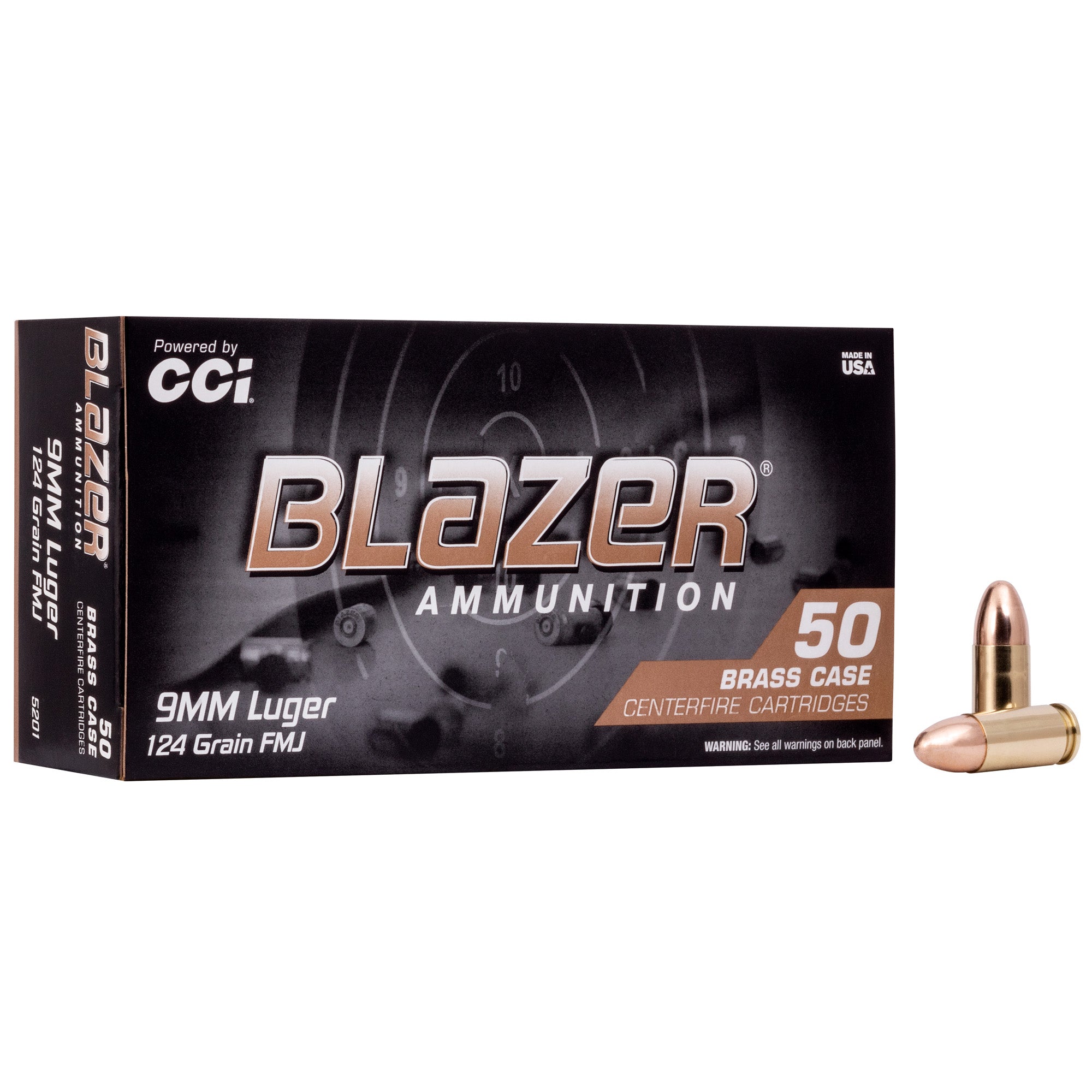 Blazer Ammunition 5201 9mm Luger 124 Grain Full Metal Jacket (FMJ), 50 Rounds Per Box
