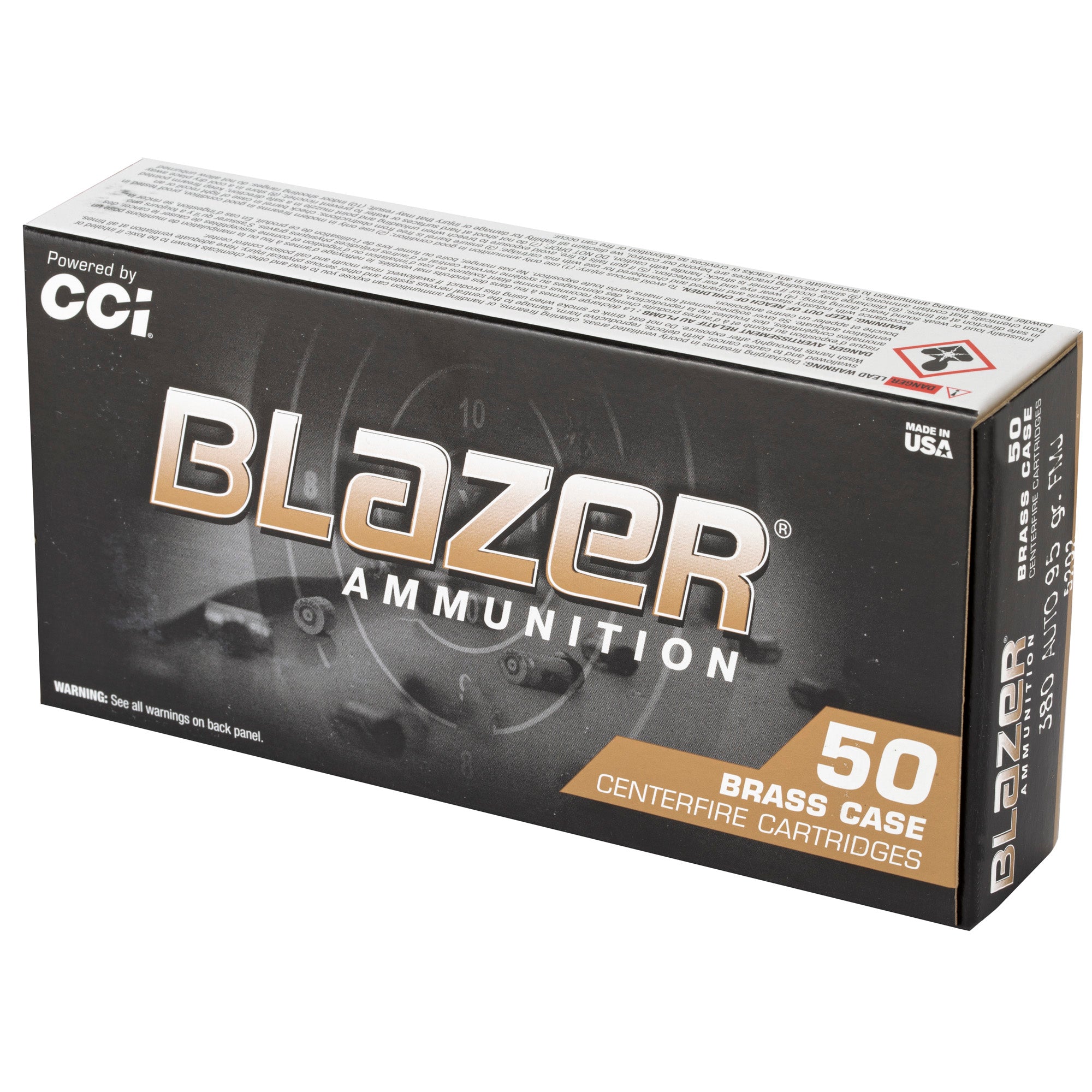 Blazer Ammunition BLAZER BRASS 380 ACP 95 Grain Full Metal Jacket (FMJ), 50 Rounds per Box