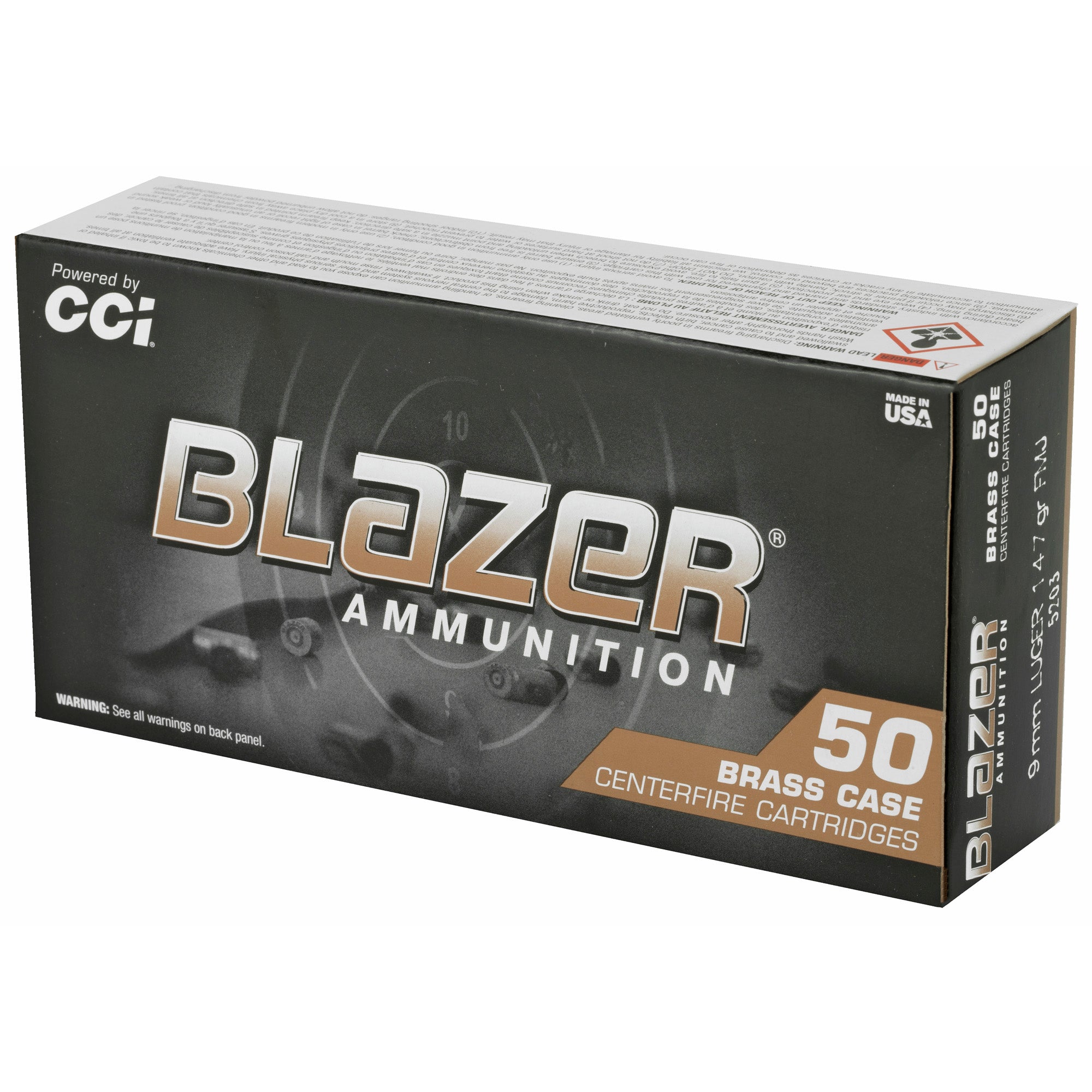 Blazer Ammunition 5203 9mm 147 Grain Full Metal Jacket Brass Case - Pack of 50