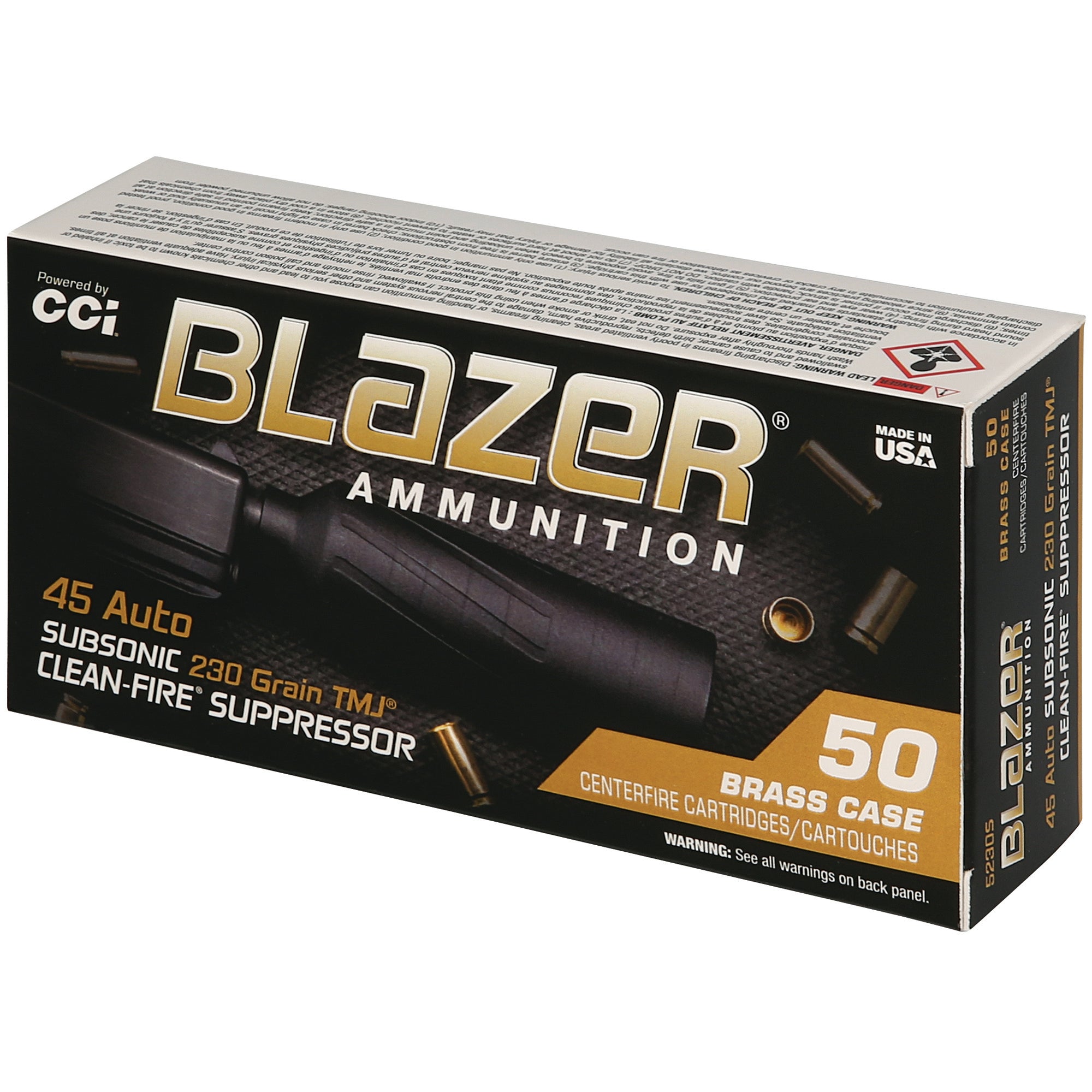 CCI Ammunition Blazer Brass 45 ACP Suppressor-Ready 230 Grain Total Metal Jacket (50 Rounds)