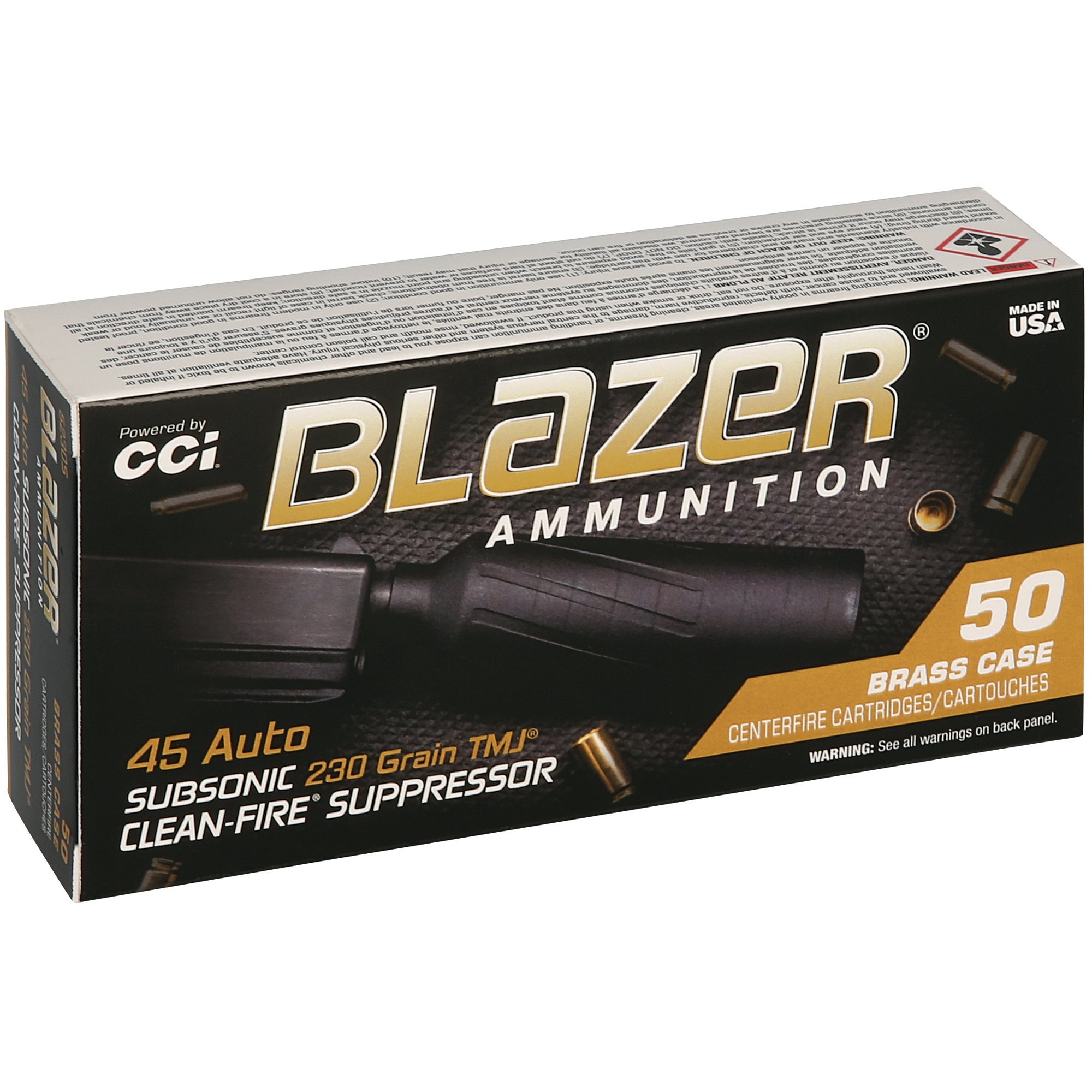 CCI Ammunition Blazer Brass 45 ACP Suppressor-Ready 230 Grain Total Metal Jacket (50 Rounds)