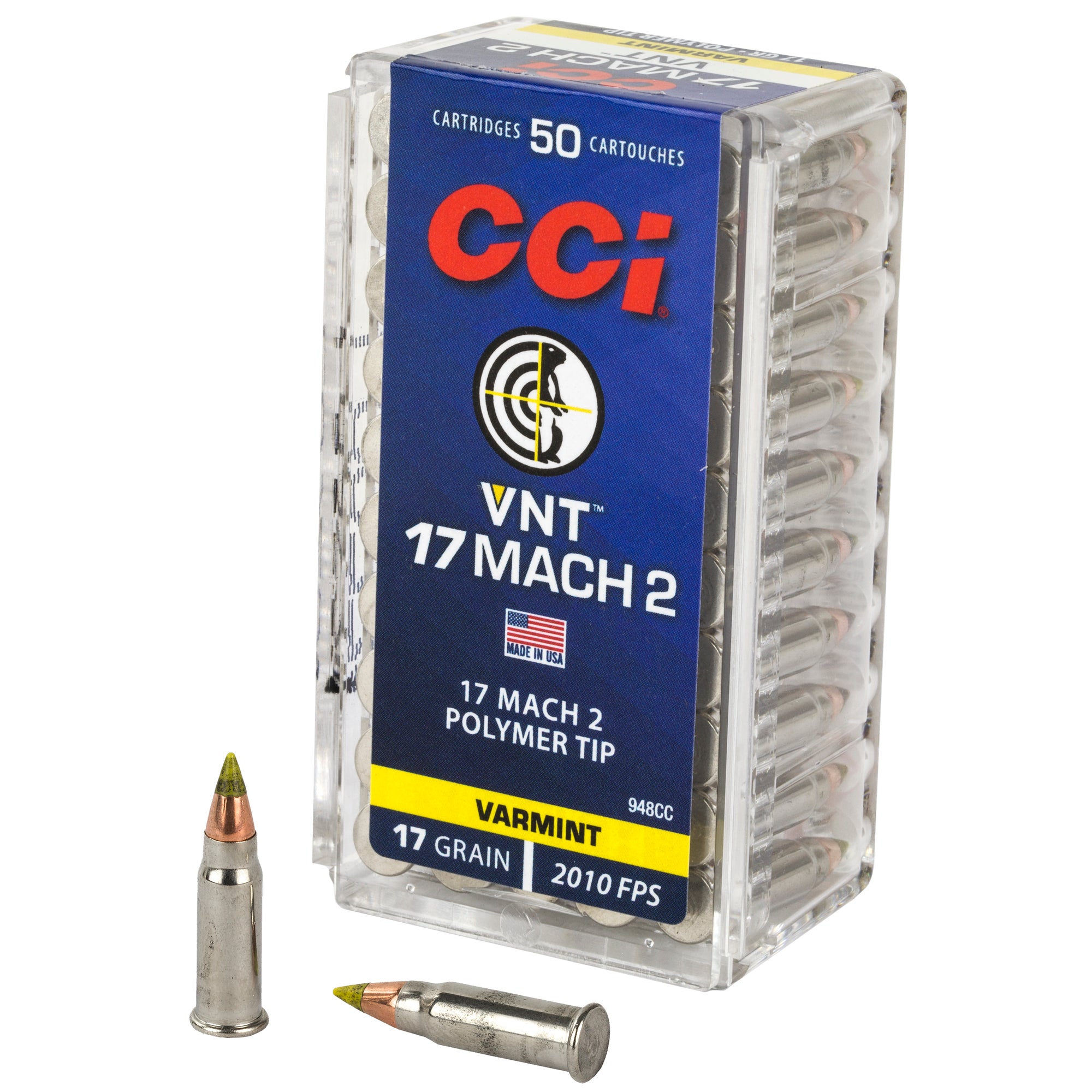 CCI Ammunition 948CC 17 Hornady Mach 2 Ballistic Tip Ammunition, 17 Grain, Box of 50