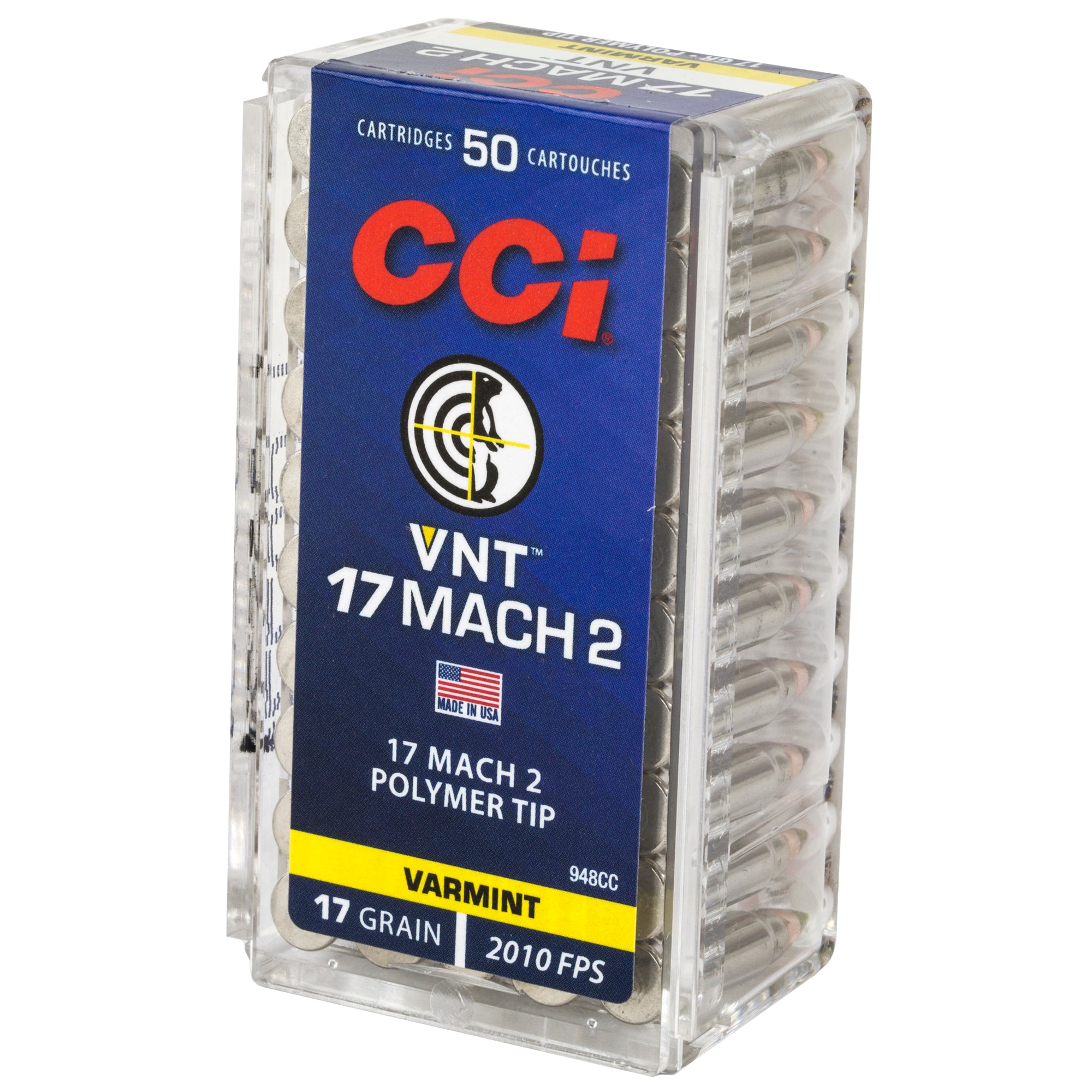 CCI Ammunition 948CC 17 Hornady Mach 2 Ballistic Tip Ammunition, 17 Grain, Box of 50