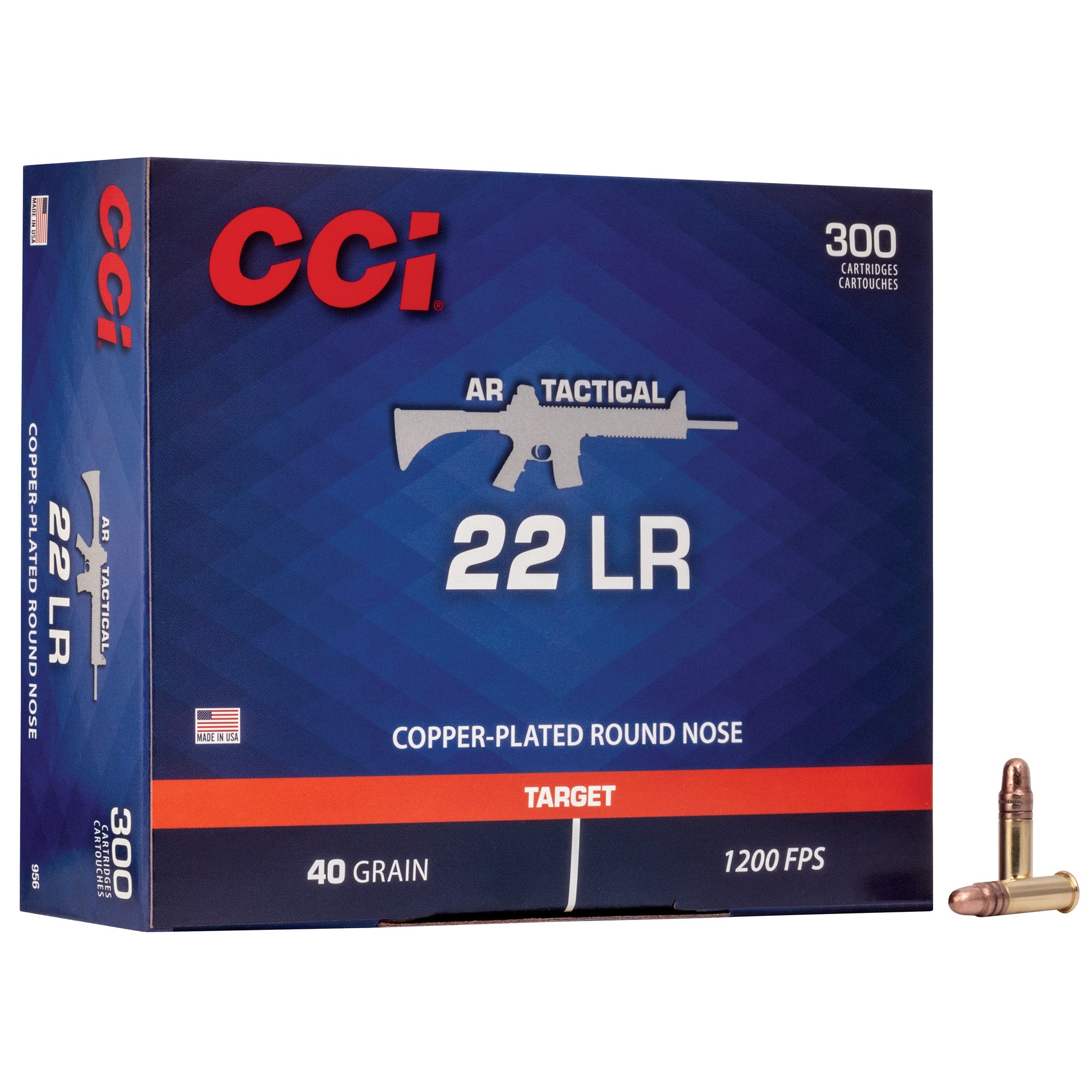 CCI Ammunition 956 .22 LR Tactical Copper Plated Round Nose, 40 Grain - 300 Rounds per Box