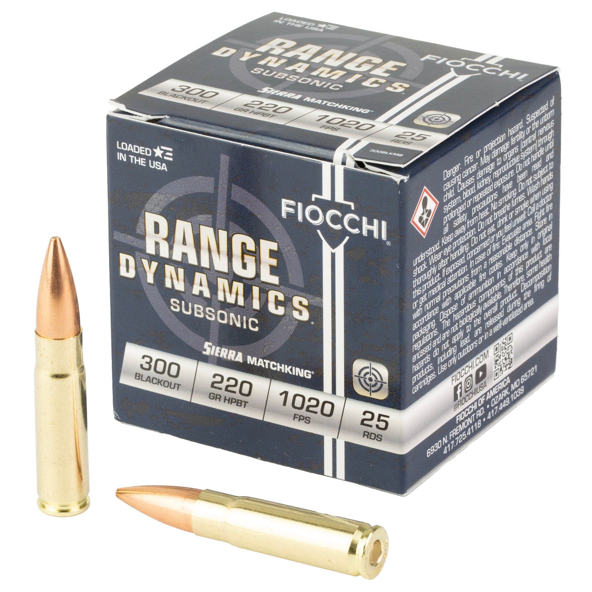 Fiocchi Ammunition Range Dynamics 300 Blackout 220 Grain Boat Tail Hollow Point (25 Rounds per Box)