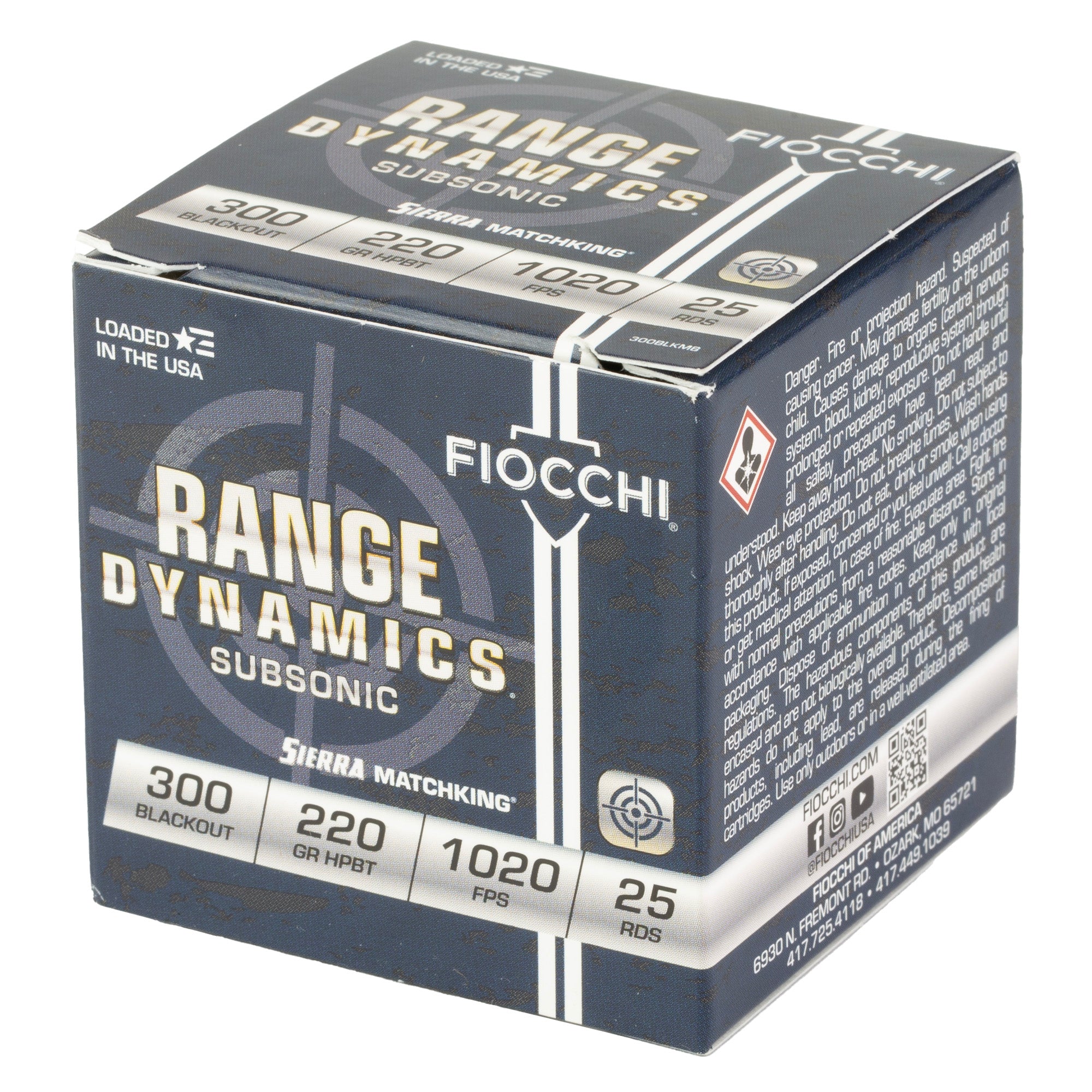 Fiocchi Ammunition Range Dynamics 300 Blackout 220 Grain Boat Tail Hollow Point (25 Rounds per Box)