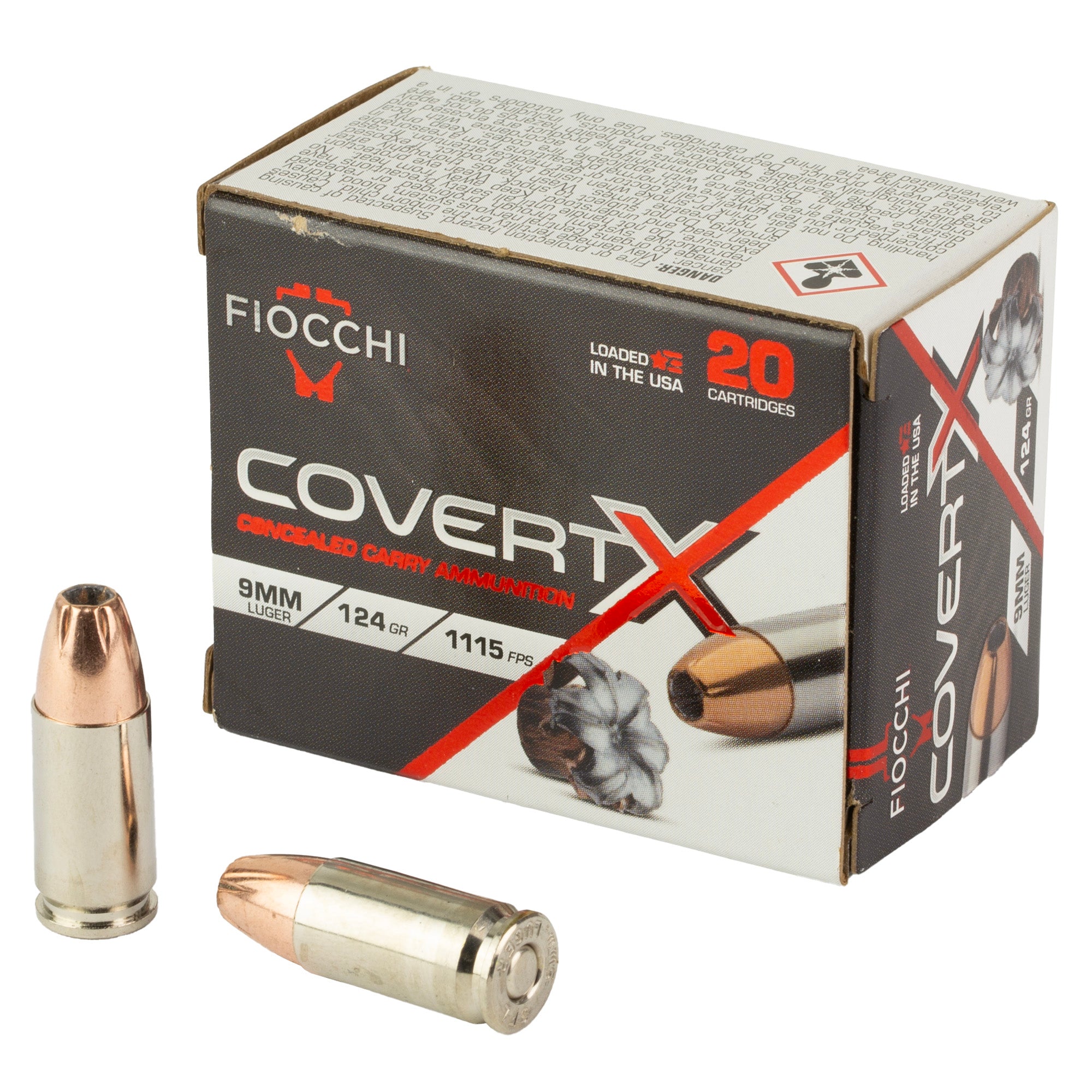 Fiocchi Ammunition Covert X 9mm 124-Grain Jacketed Hollow Point Ammo - 20 Rounds