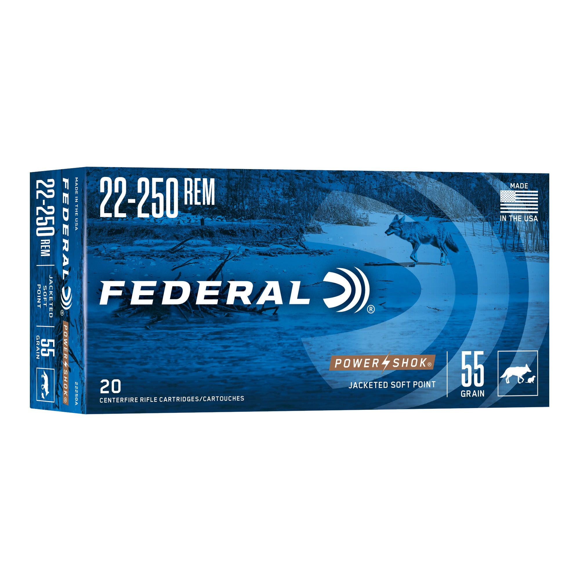 Federal PowerShok 22-250 Remington 55 Grain Solid Base Hunting Bullets - 20 Rounds per Box