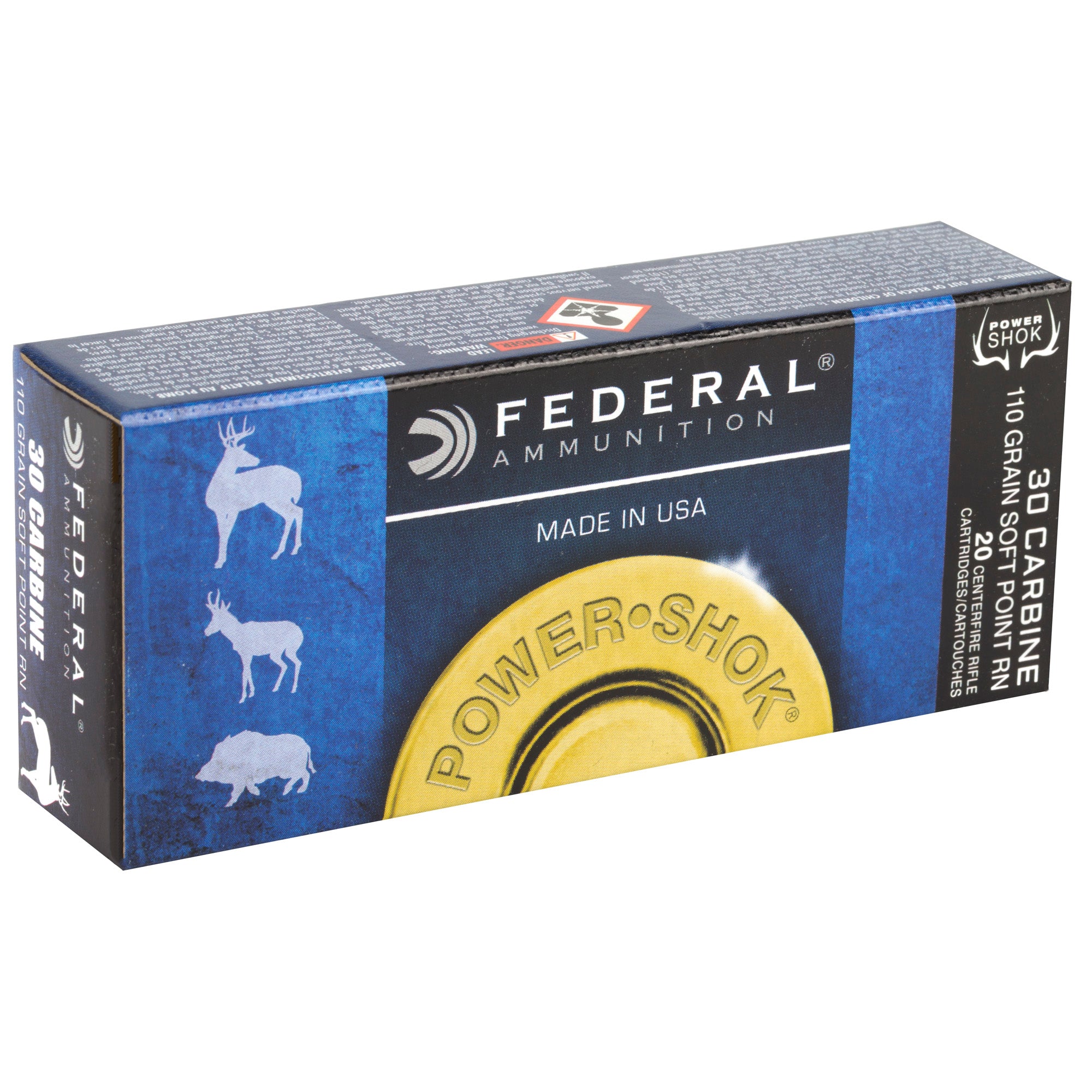 Federal PowerShok .30 Carbine Jacketed Soft Point Bullet – 110 Grain, 20 Count Box