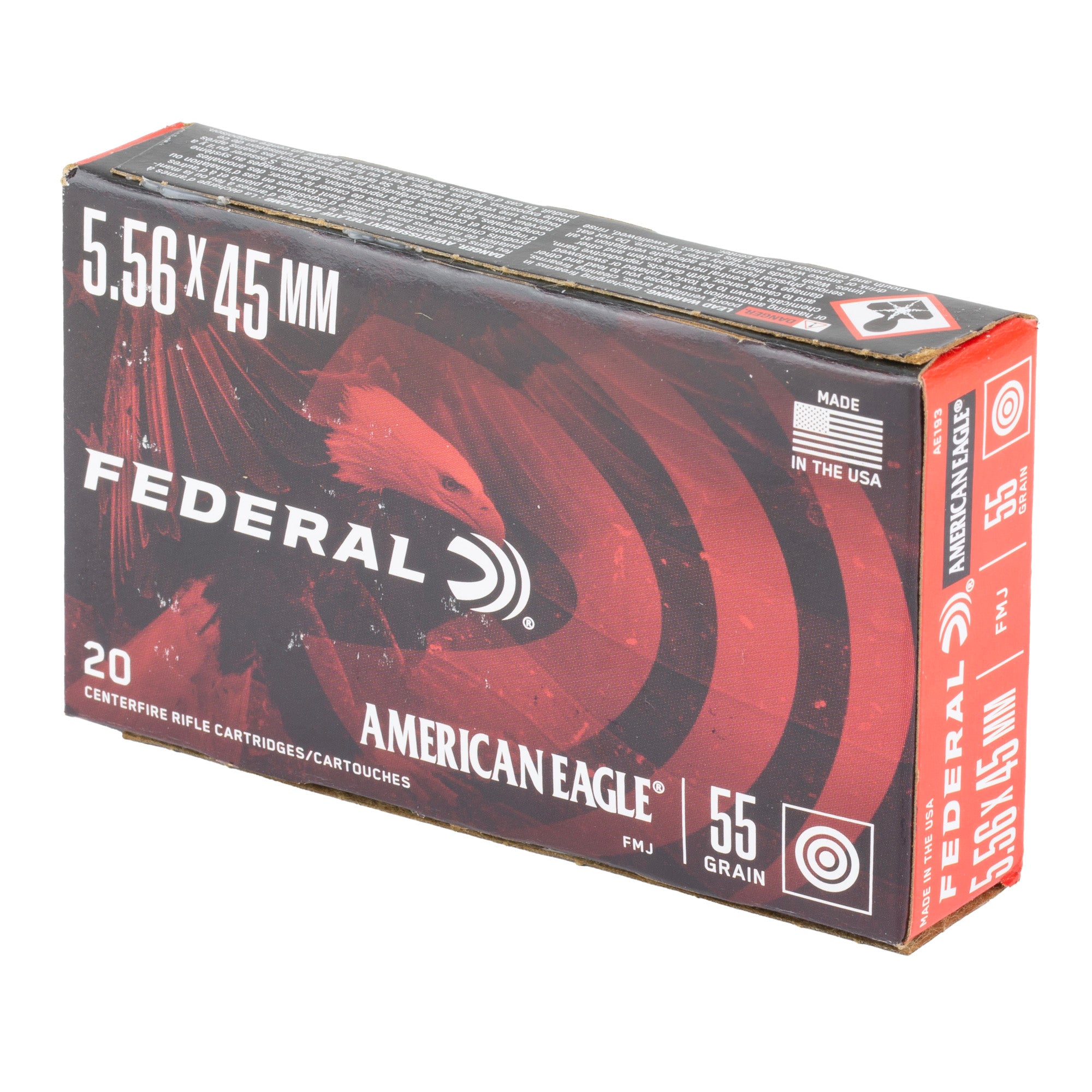Federal American Eagle 5.56 NATO 55 Grain FMJ Rifle Ammunition - 20 Rds/Box, 500 Rds/Case