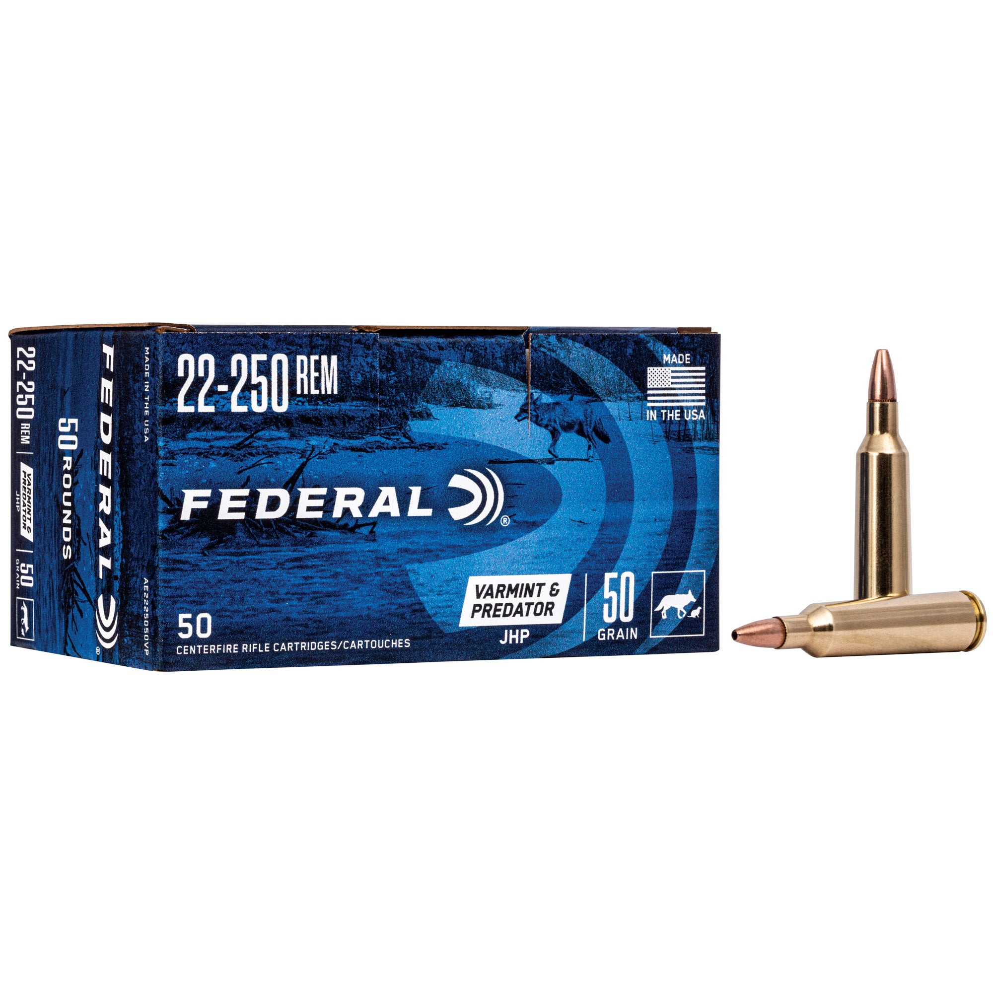 Federal American Eagle Varmint & Predator Ammunition 22-250 Remington 50 Grain Hollow Point – Pack of 50 Rounds