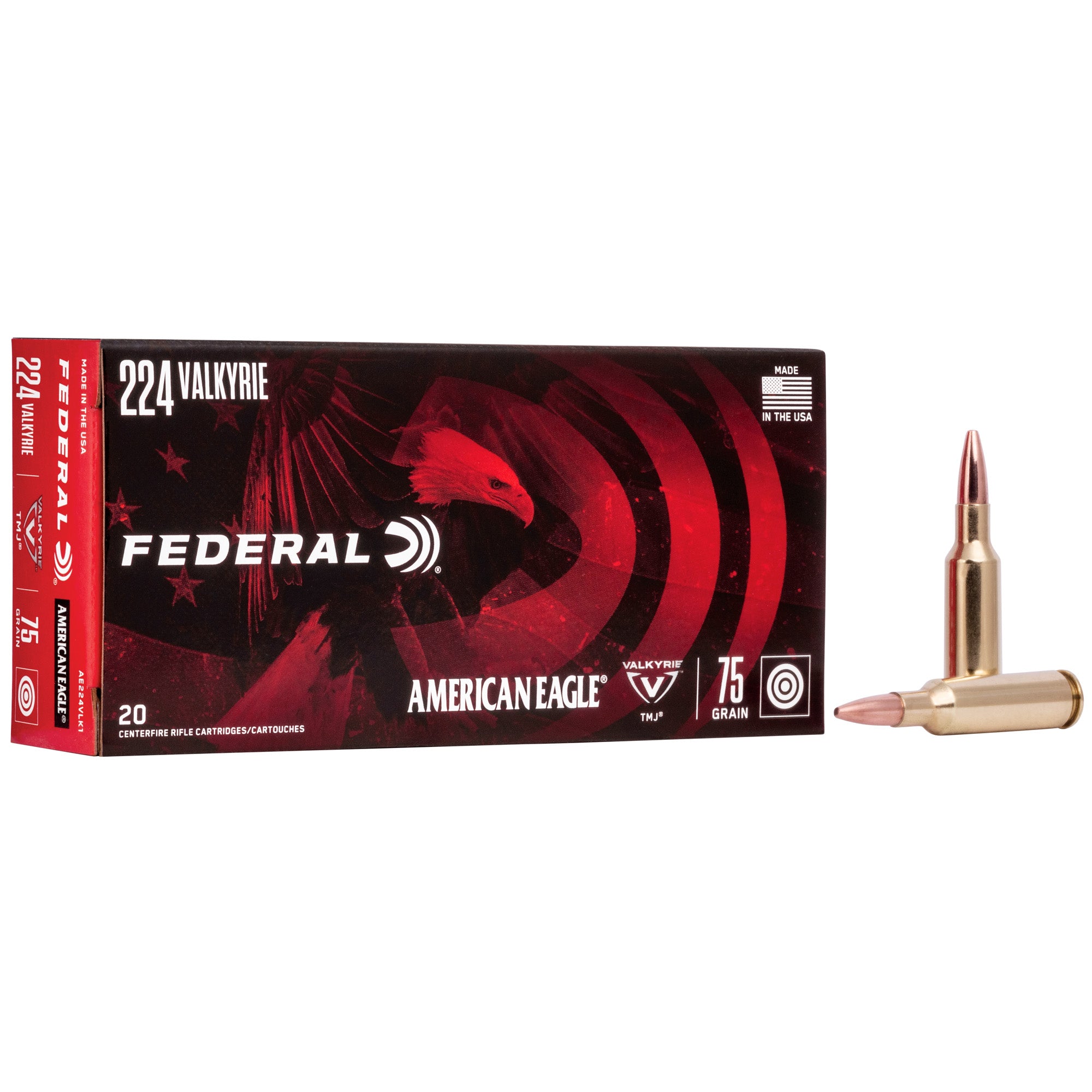Federal American Eagle 224 Valkyrie 75 Grain Total Metal Jacket Ammunition, 20 rounds per box