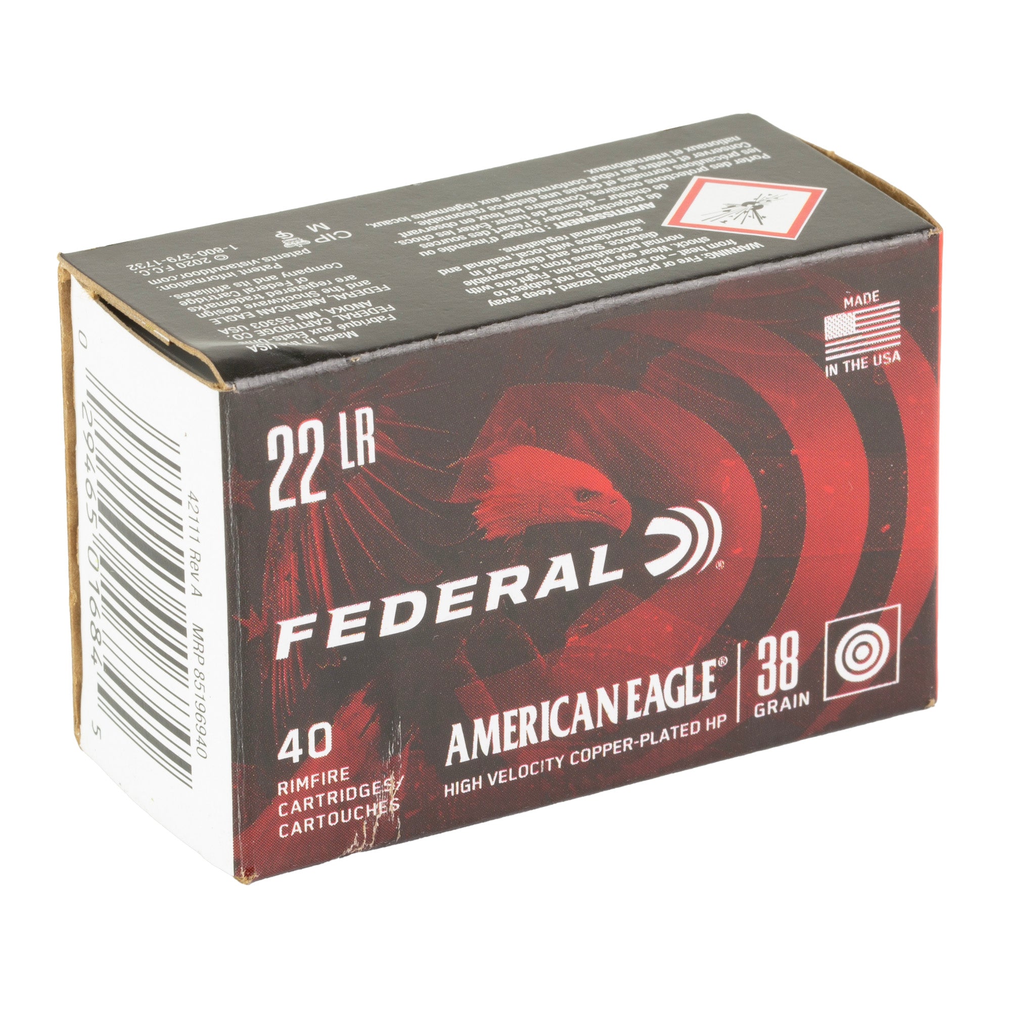 Federal American Eagle .22 Long Rifle Subsonic Hollow Point Ammunition - 38 Grain, 40 Rounds per Box