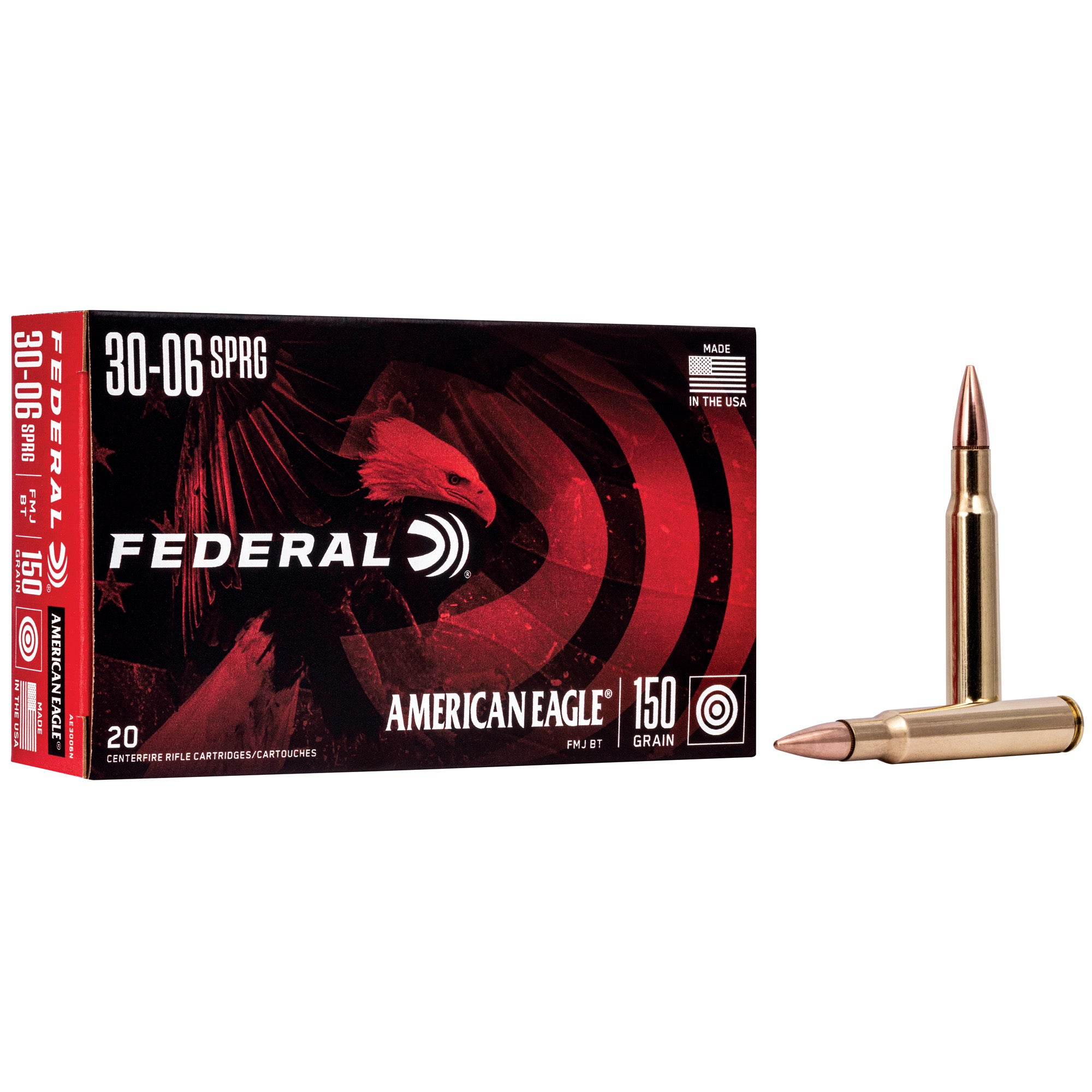 Federal American Eagle .30-06 Springfield 150-Grain FMJ Boat Tail Ammunition - 20 R rounds per Box, 500 Rounds per Case