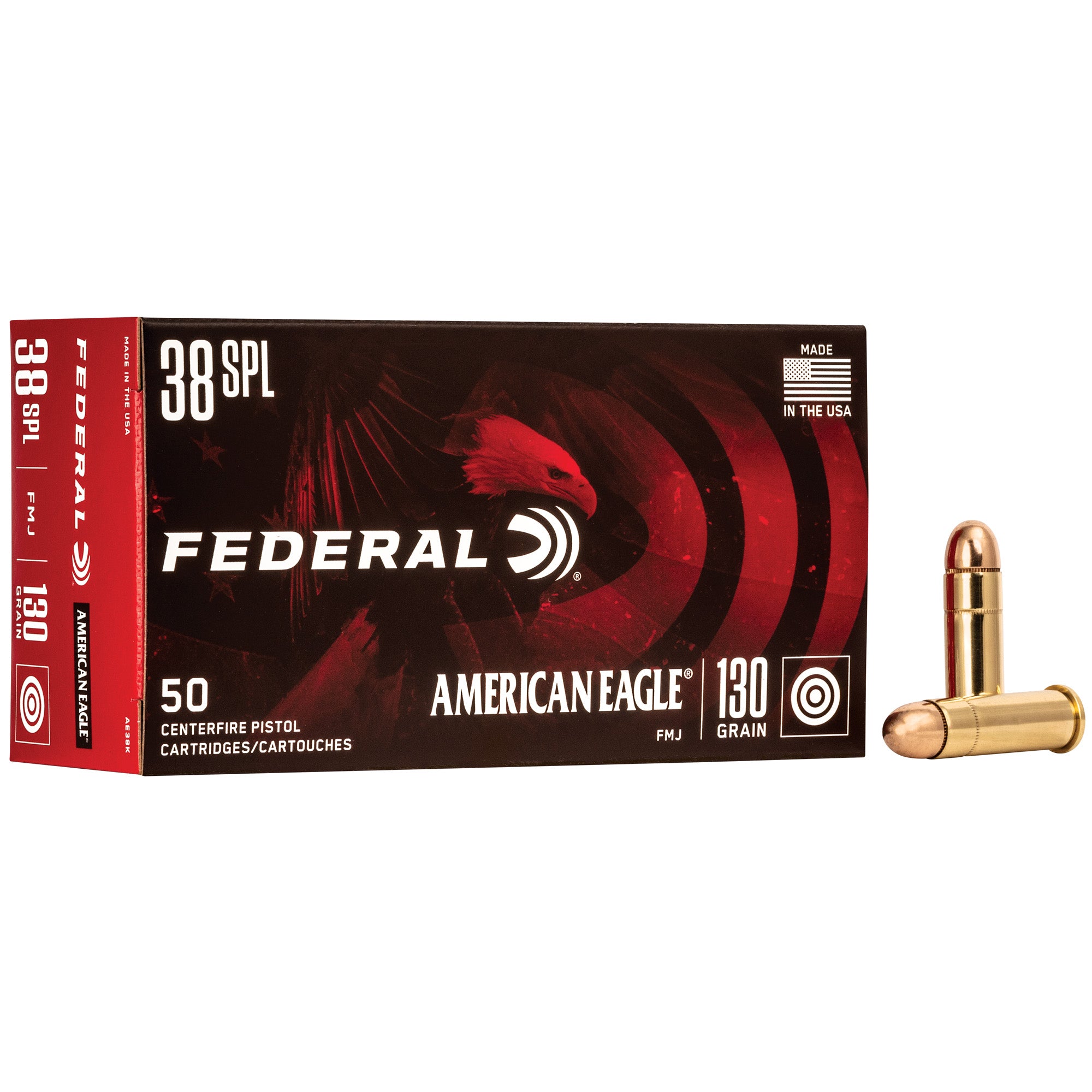 Federal American Eagle .38 Special 130-Grain Full Metal Jacket Ammunition (Part #AE38K)