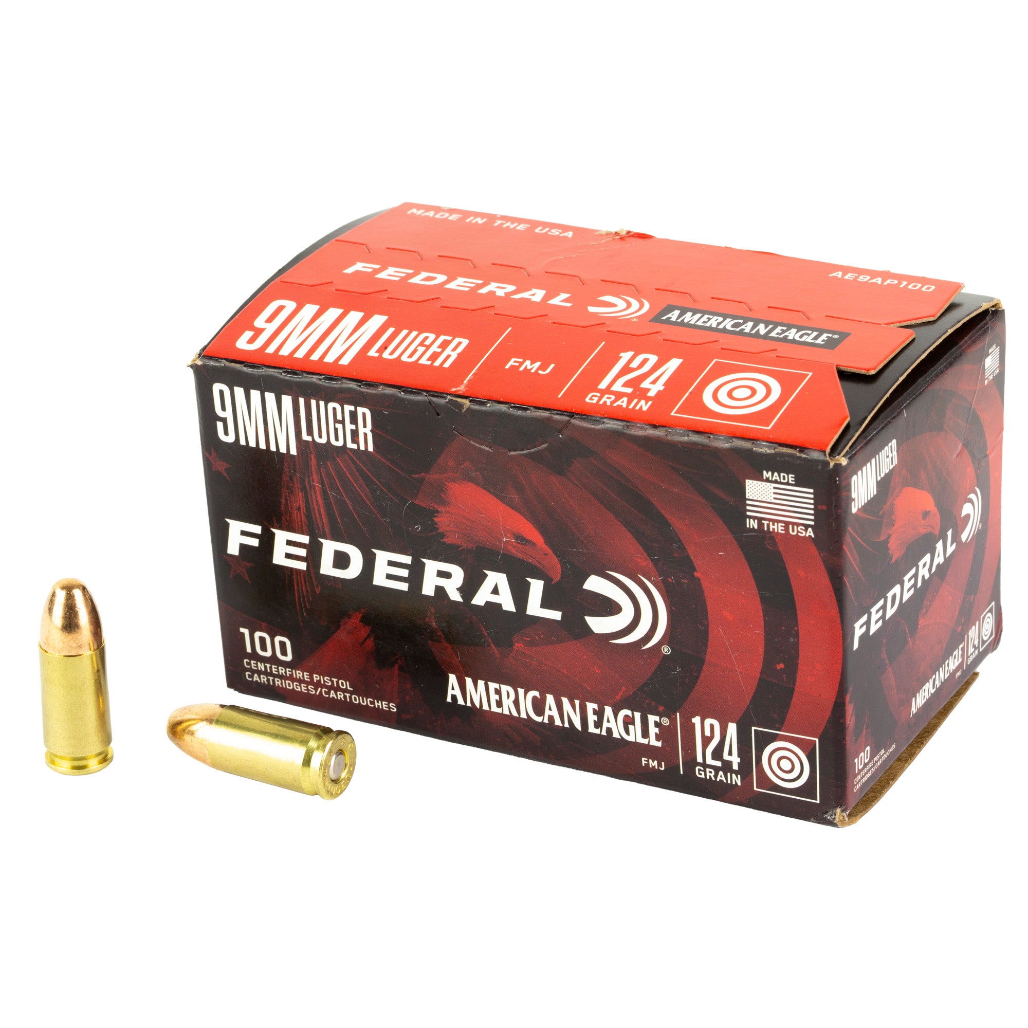Federal American Eagle 9mm 124-Grain Full Metal Jacket Ammunition, 100 Rounds