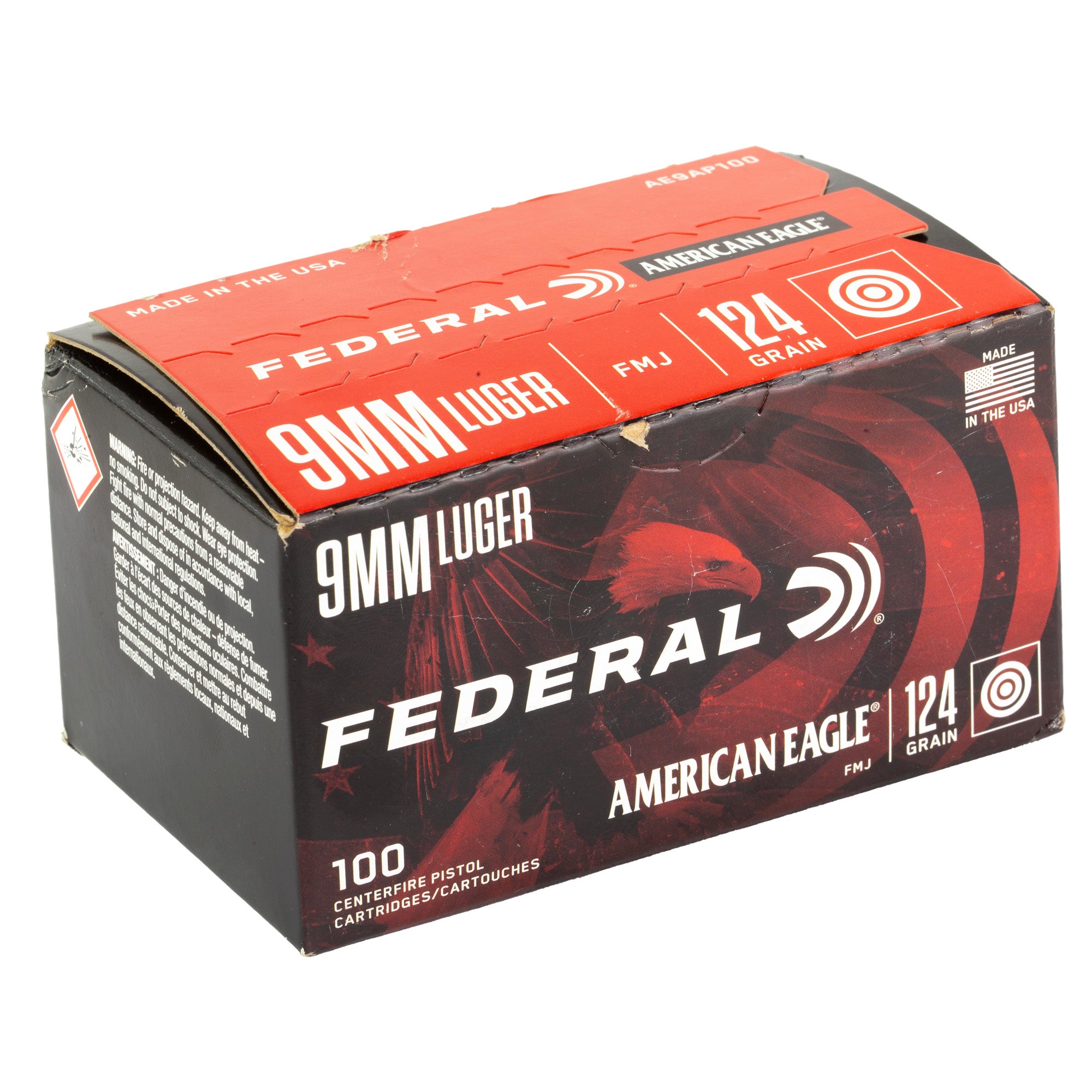 Federal American Eagle 9mm 124-Grain Full Metal Jacket Ammunition, 100 Rounds