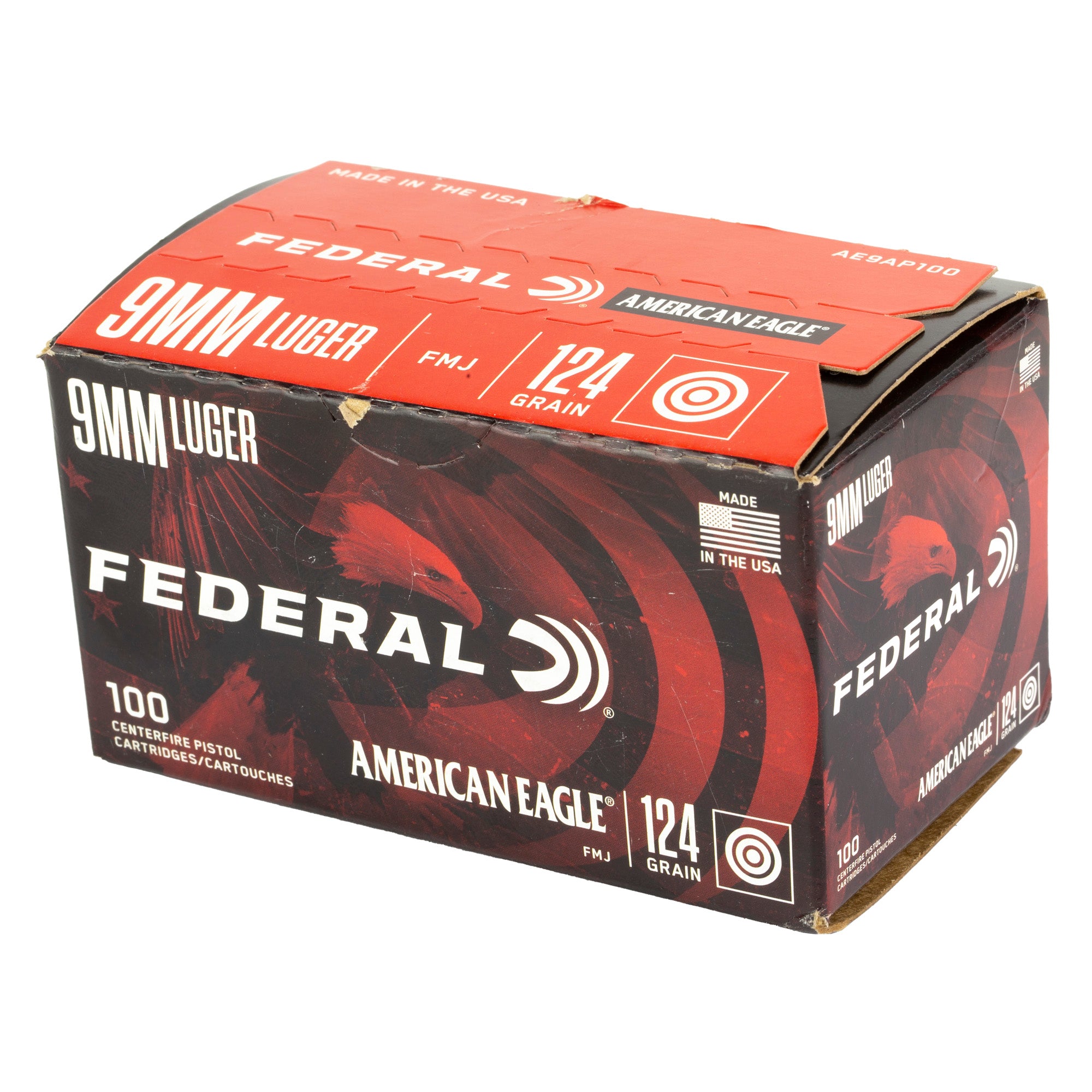Federal American Eagle 9mm 124-Grain Full Metal Jacket Ammunition, 100 Rounds