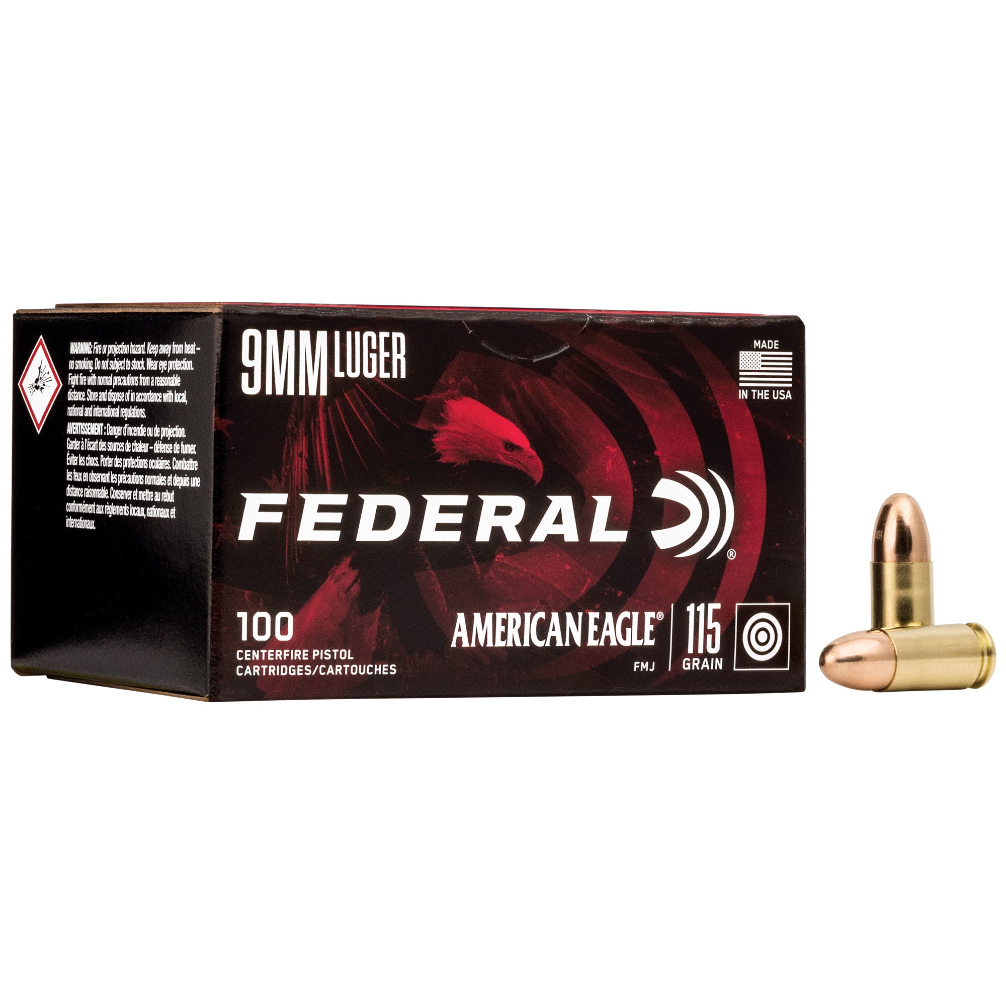 Federal American Eagle 9mm 115 Grain FMJ Ammunition - 100 Rounds
