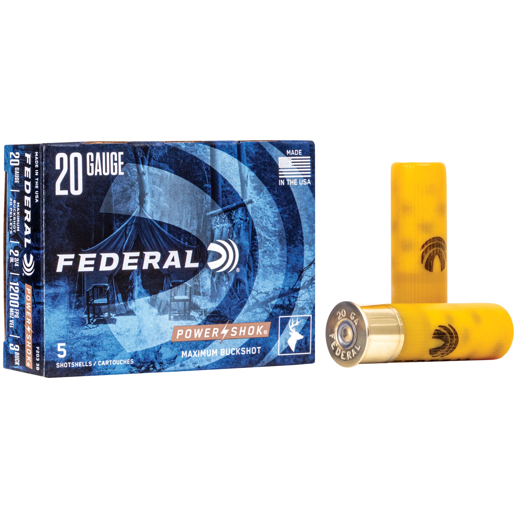 Federal PowerShok 20 Gauge 2.75-Inch Buckshot, 3 Buckshot Pellets, Model F2033B