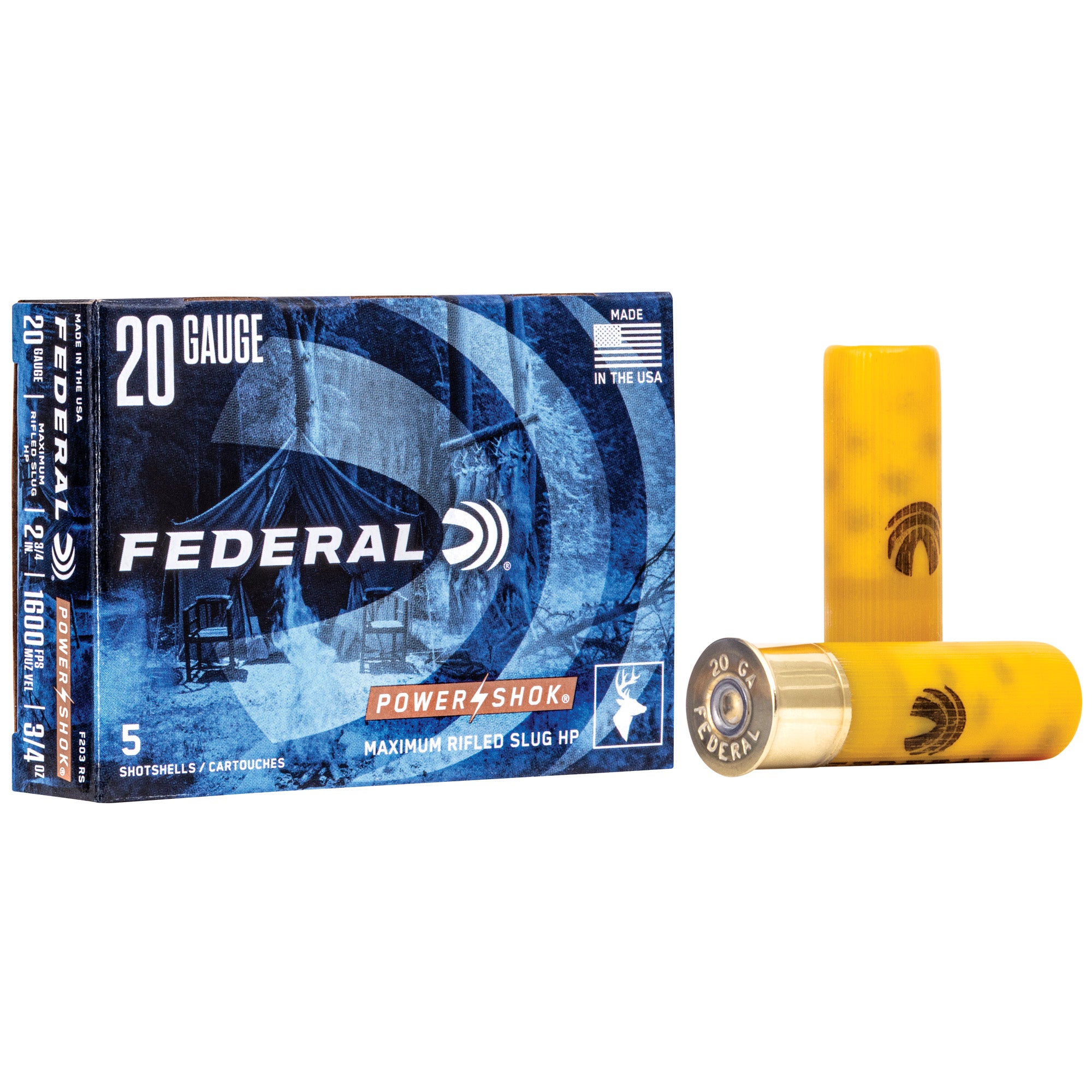 Federal PowerShok 20 Gauge Rifled Slug F203RS - 3/4 oz, Max Dram, 2.75 inch