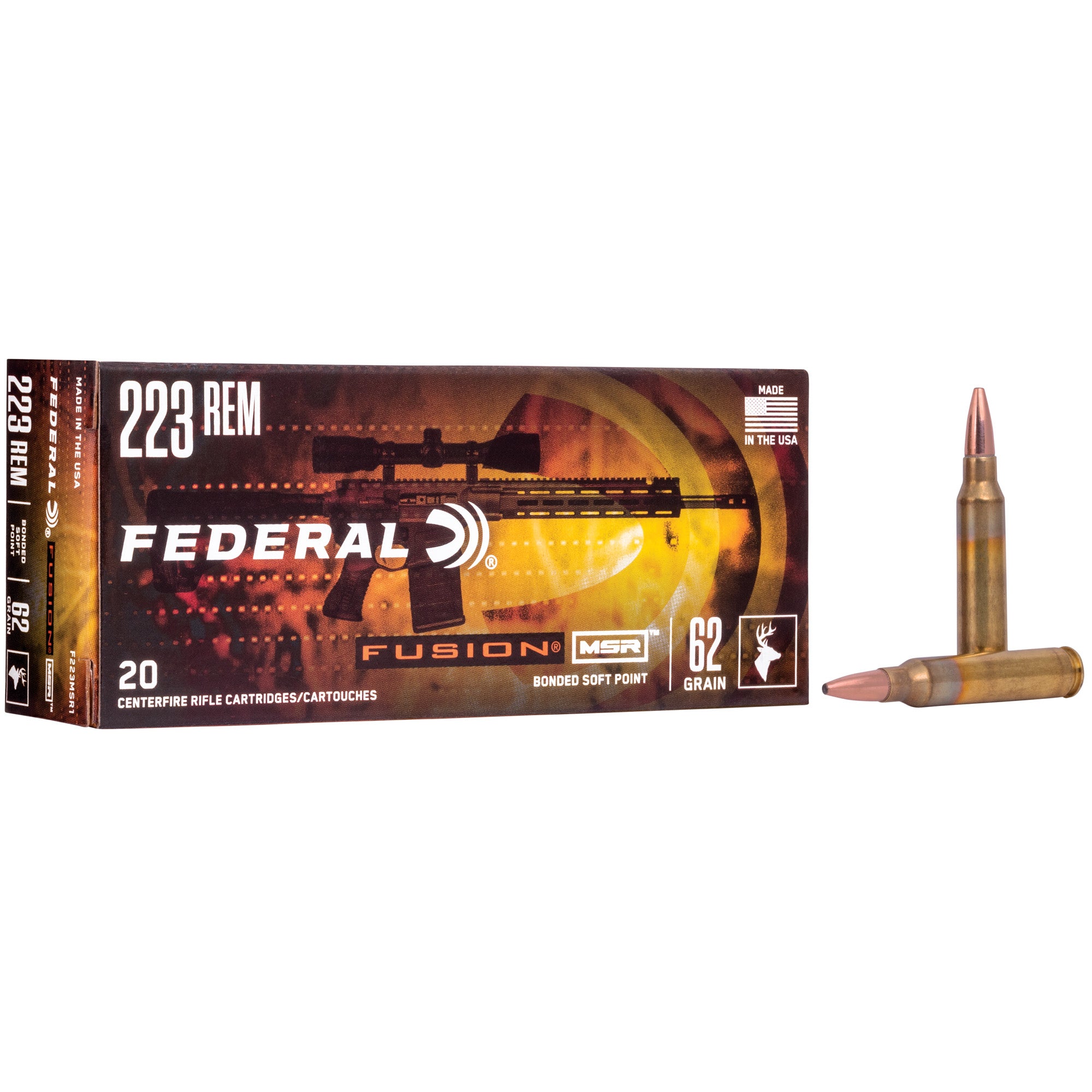 Federal Fusion MSR 223 Remington 62 Grain Solid Base Ammunition, 20 Rounds per Box