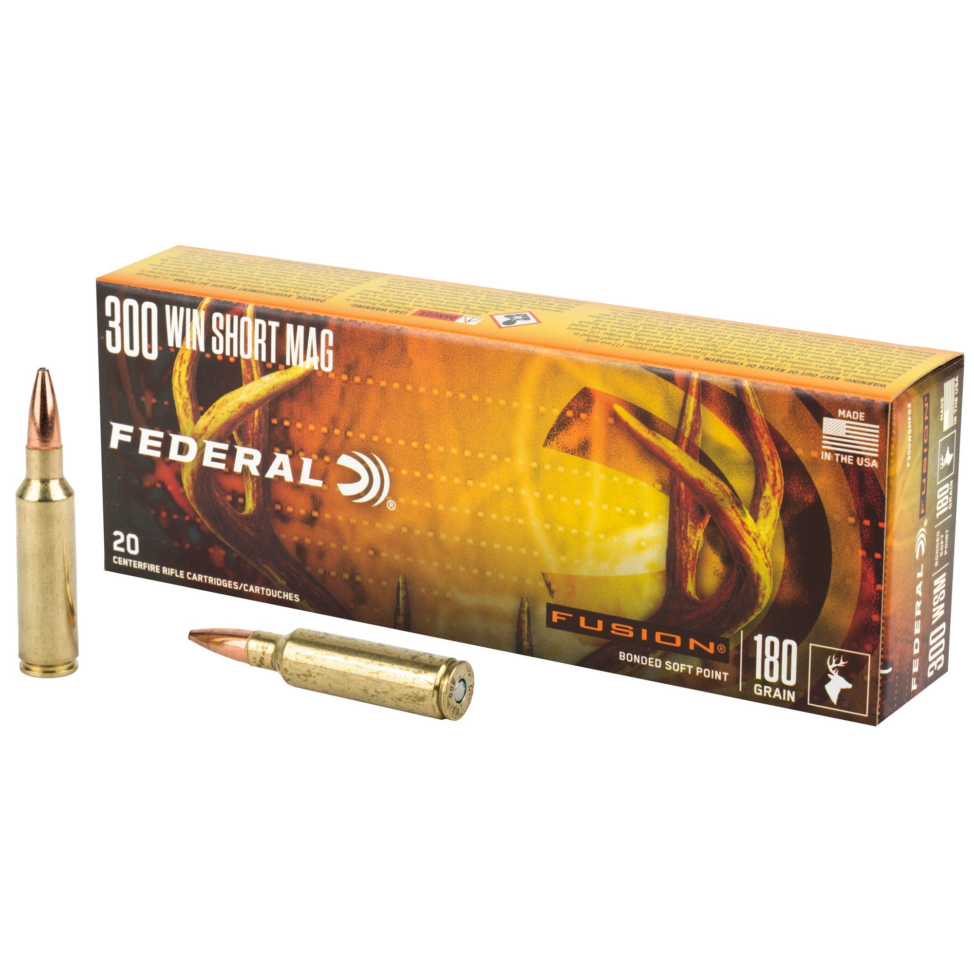Federal Fusion 300 Winchester Short Magnum 180-Grain Boat Tail Rifle Ammunition - 20 Rounds per Box