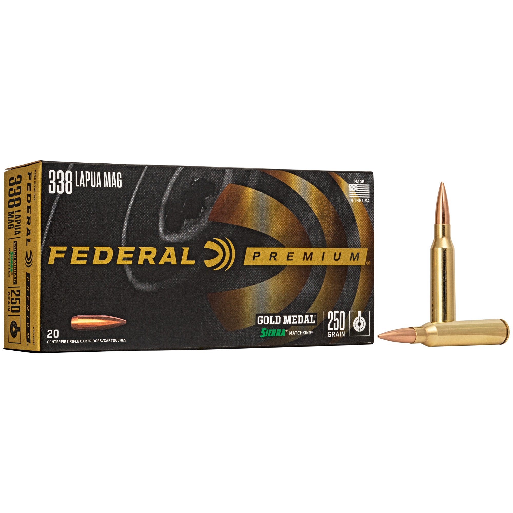 Federal Gold Medal .338 Lapua Magnum 250 Grain Boat Tail Hollow Point Rifle Ammunition - 20 Rounds